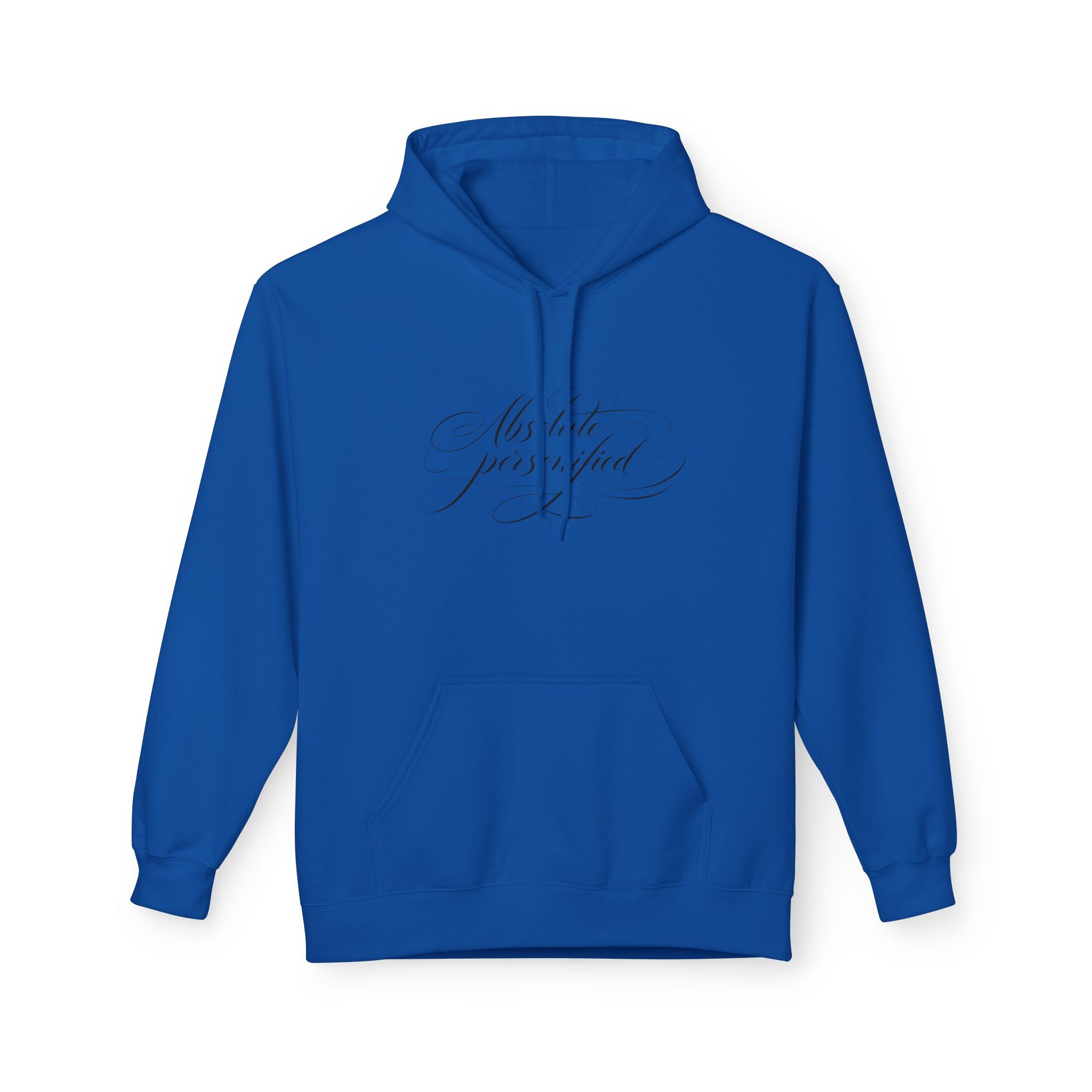 Gray scripted "Absolute Personified" hoodie by Printify, featuring bold text design on soft fabric, front view.