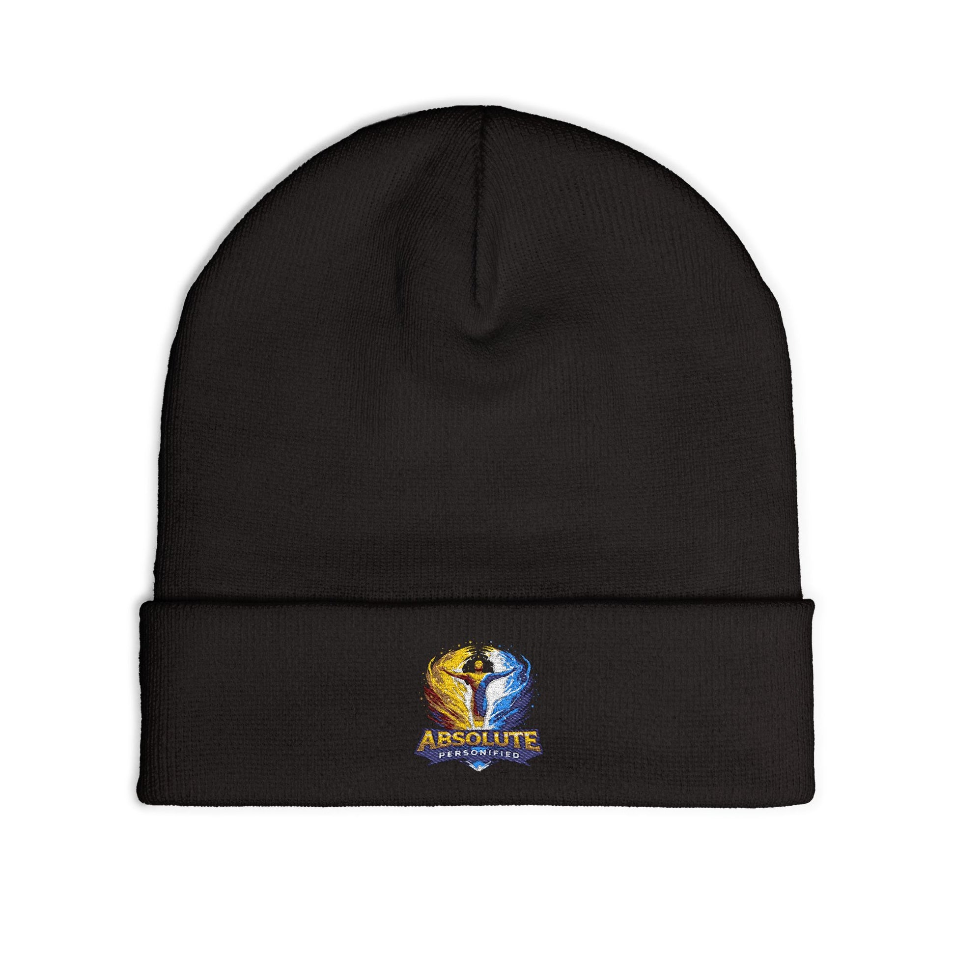 Embroidered Printify 'Absolute Personified' beanie hat with colorful stitched design, soft knit fabric, and snug fit.