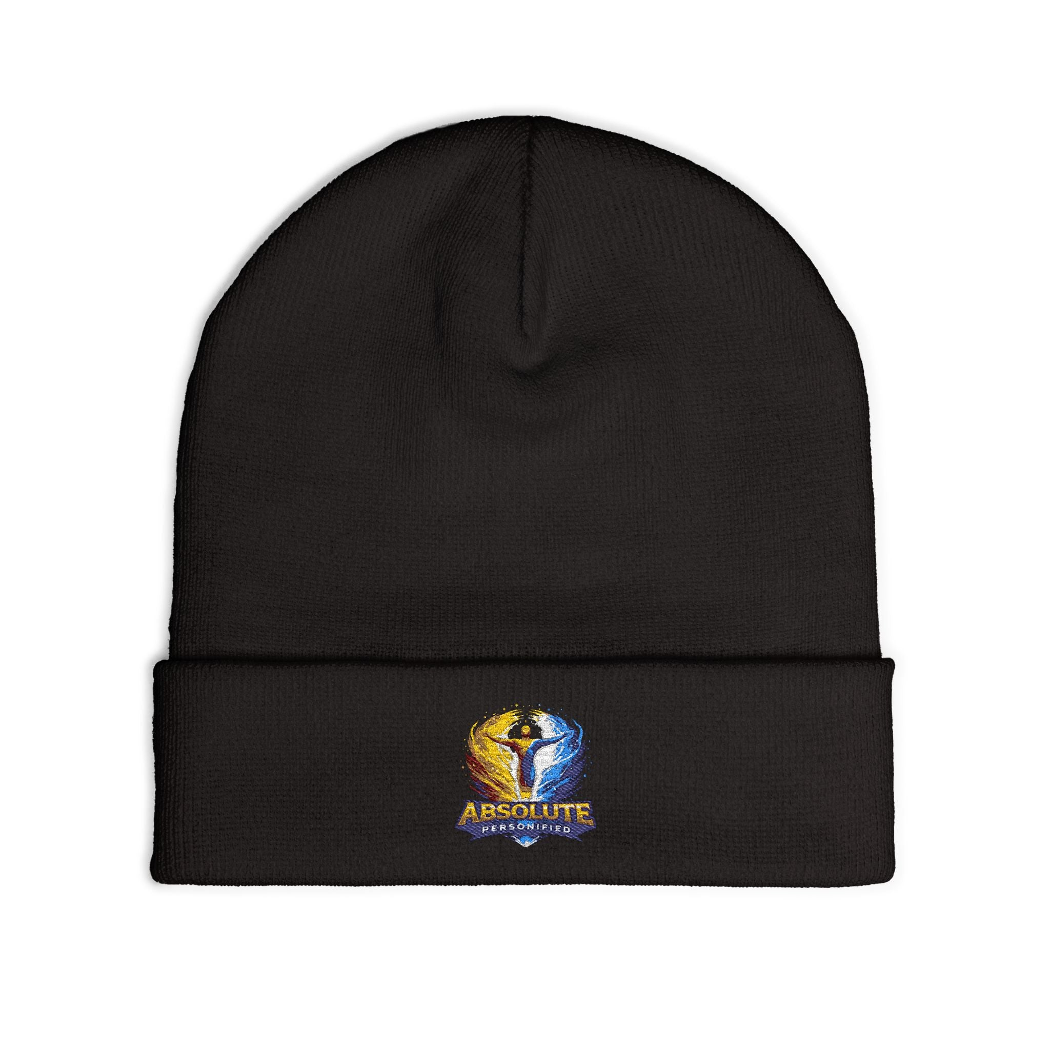 Embroidered Printify 'Absolute Personified' beanie hat with colorful stitched design, soft knit fabric, and snug fit.