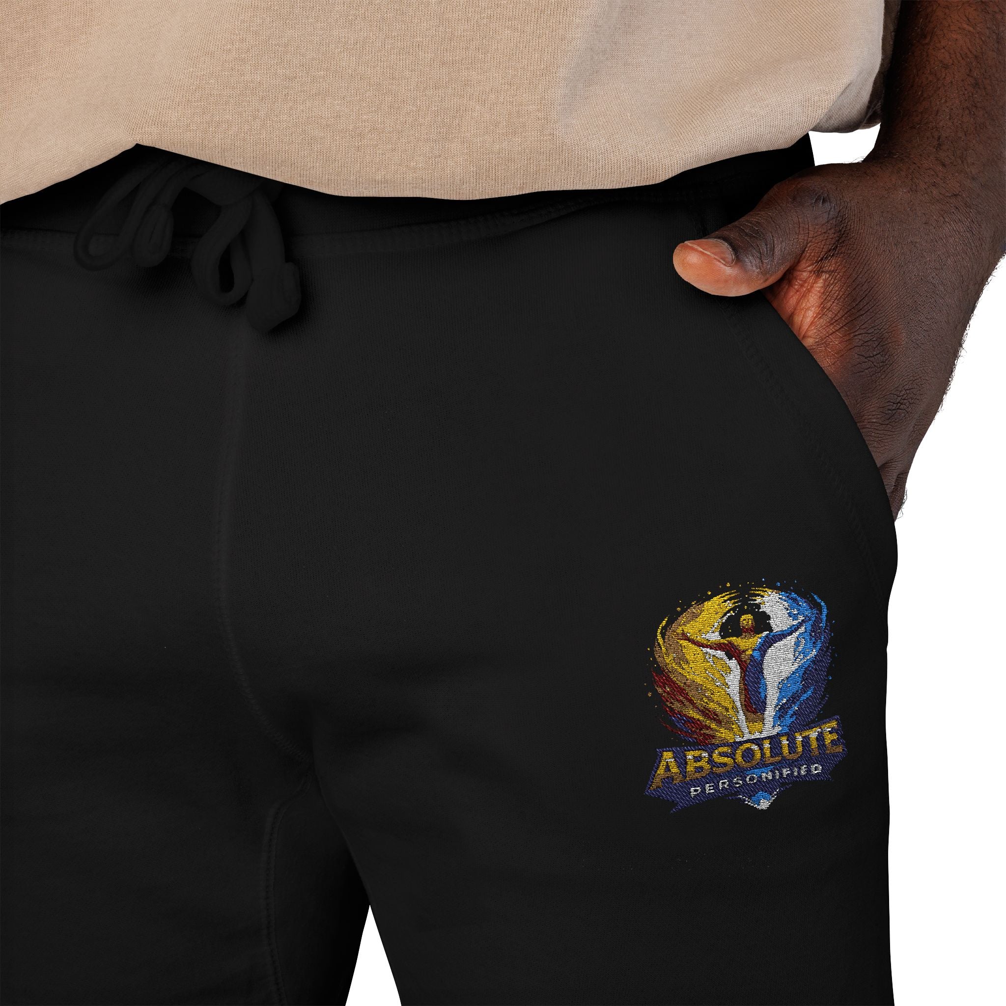 Embroidered 'Absolute Personified' Printify sweatpants showing detailed embroidery and relaxed fit on soft fabric.