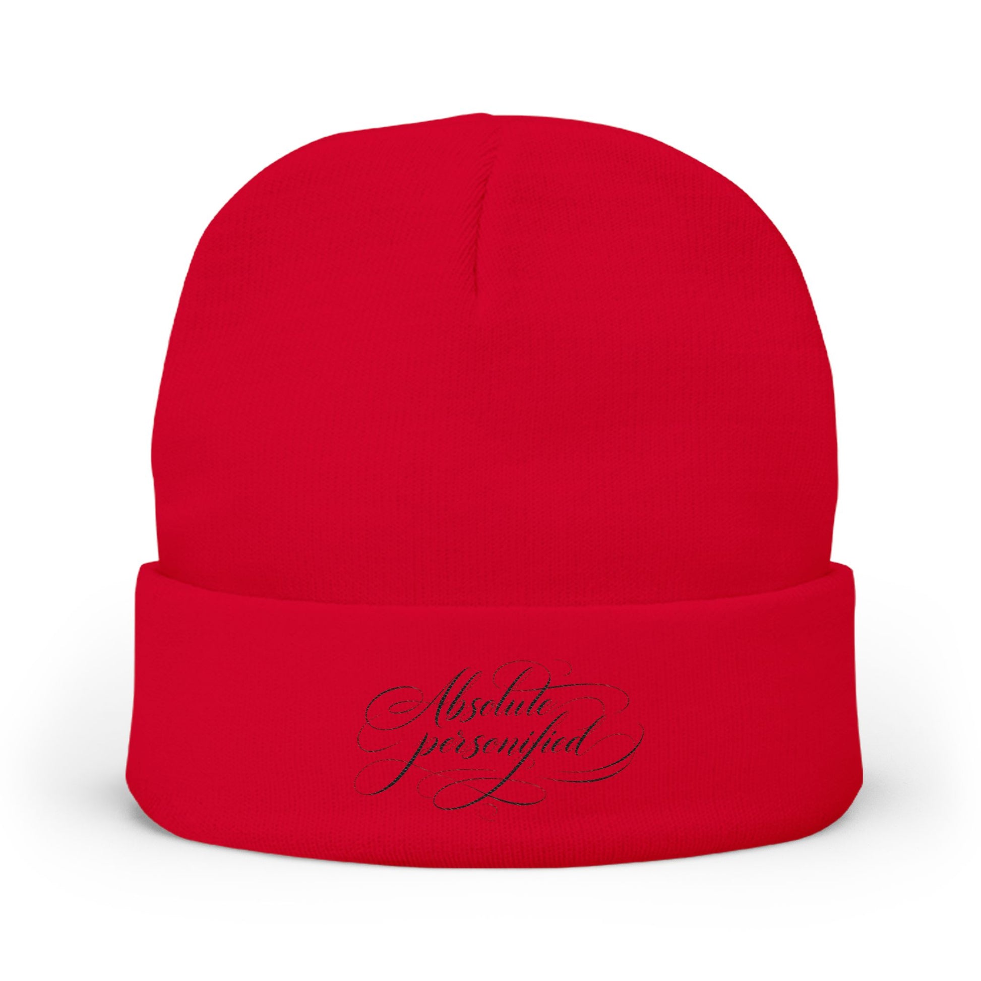 Embroidered black beanie hat with "Absolute Personified" scripted design by Printify, featuring a snug knit style.
