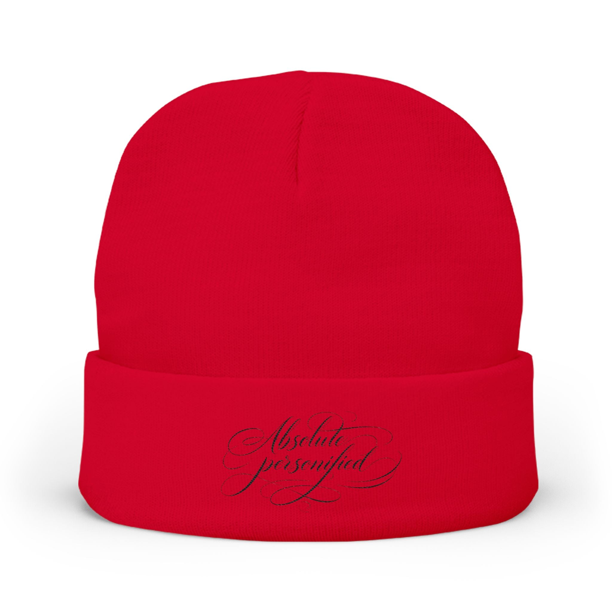 Embroidered black beanie hat with "Absolute Personified" scripted design by Printify, featuring a snug knit style.
