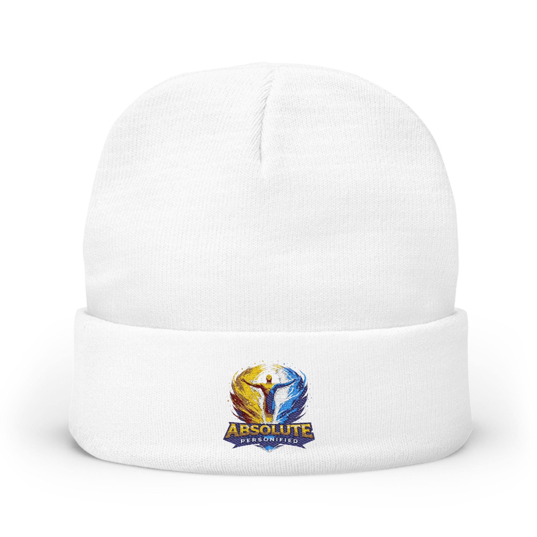 Embroidered "Absolute Personified" beanie hat by Printify, featuring colorful stitched design on soft knit fabric.