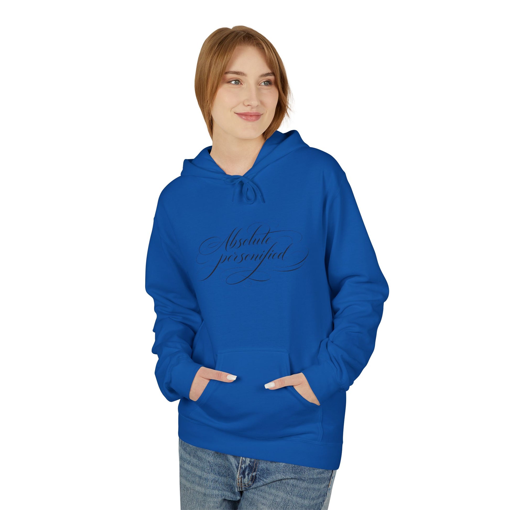 Black Scripted 'Absolute Personified' Hoodie by Printify with bold white text, casual fit, and soft fabric for comfortable wear.