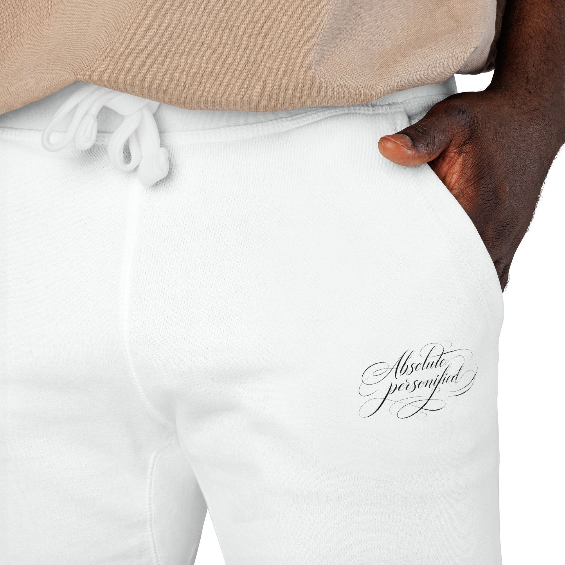 Embroidered scripted "Absolute Personified" Printify sweatpants with relaxed fit and stylish design, shown on a model.