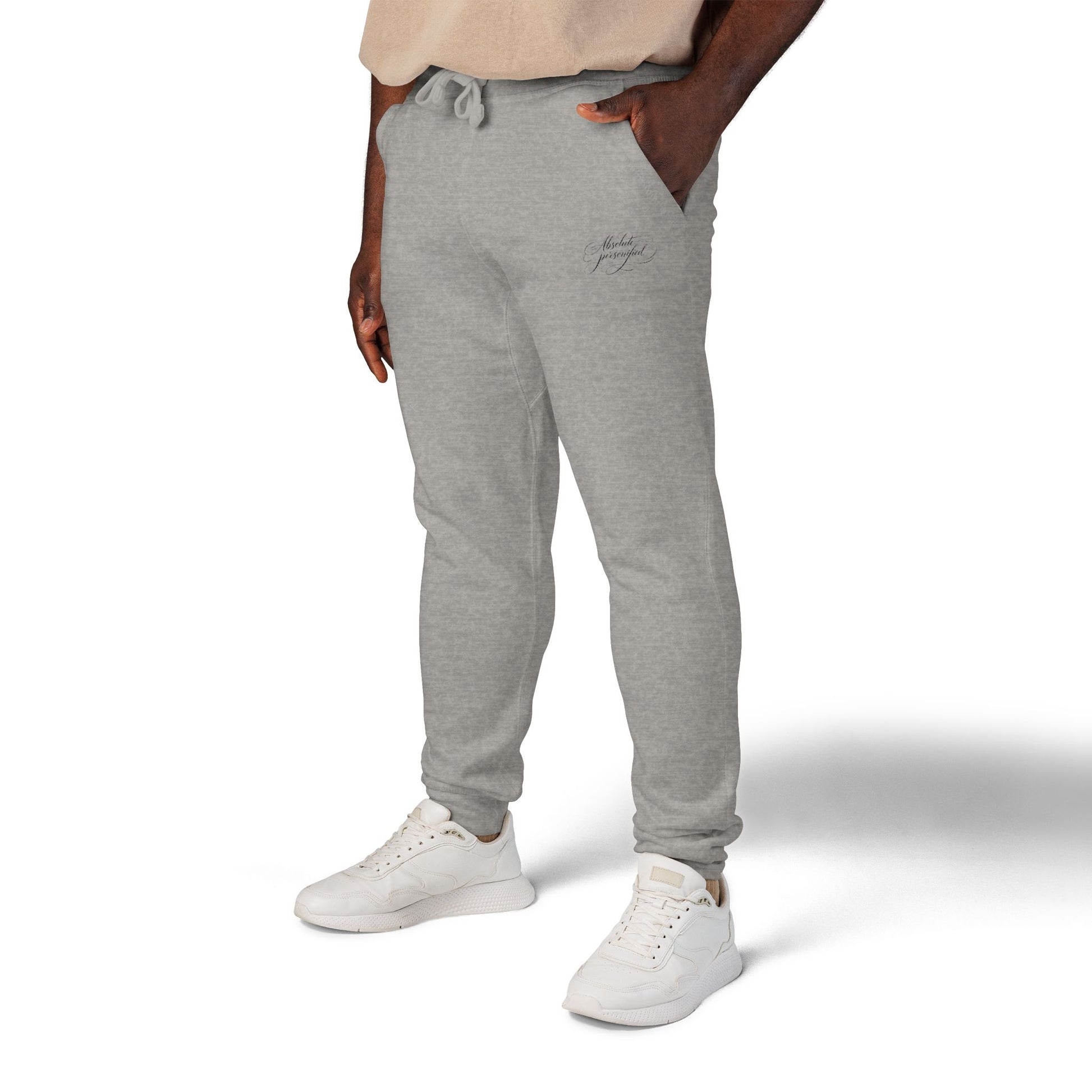 Embroidered scripted "Absolute Personified" Printify sweatpants with text design, black trousers, casual style, and comfortable fit.
