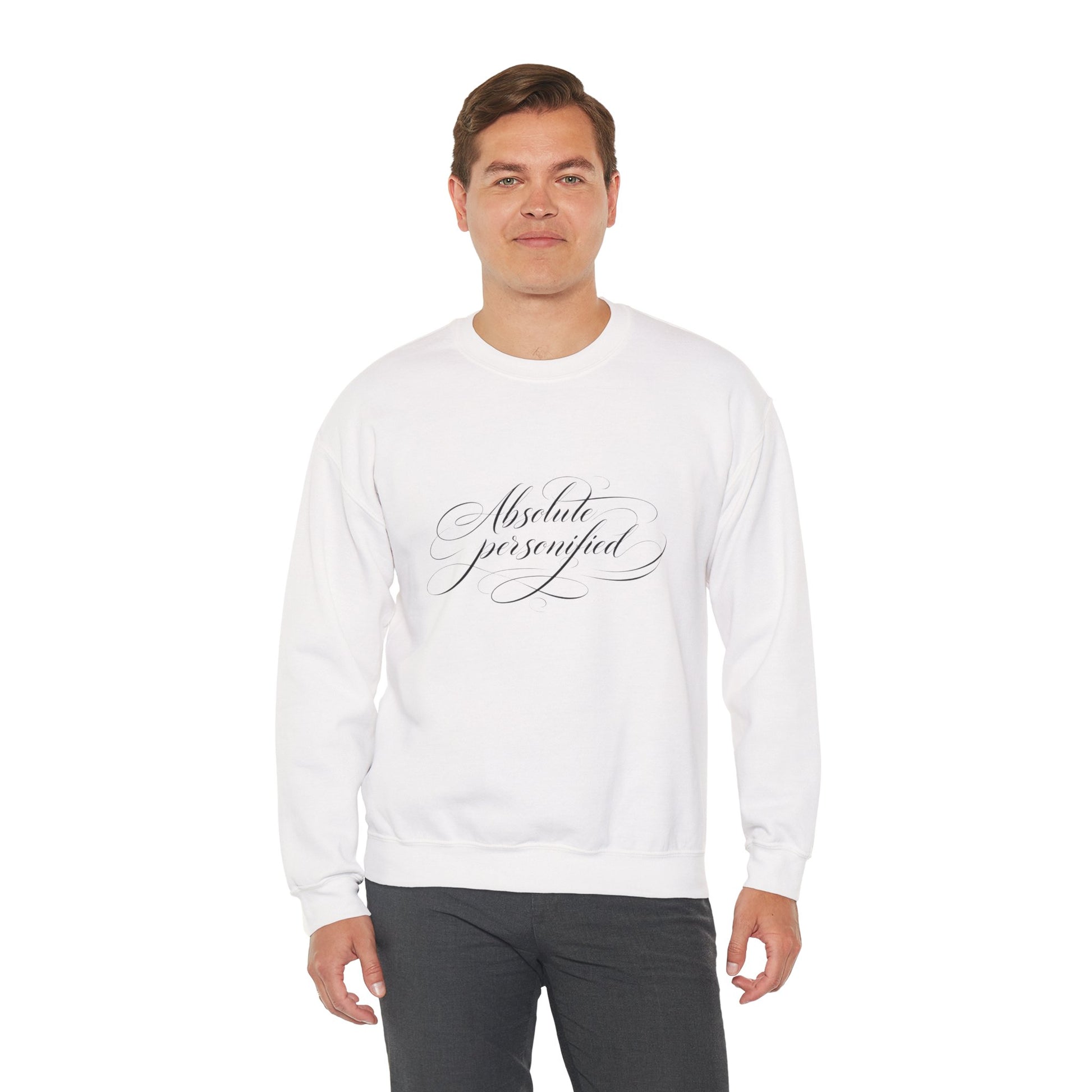 Black crewneck sweatshirt with "Absolute Perfection" script logo in white, made by Printify, shown on a plain background.