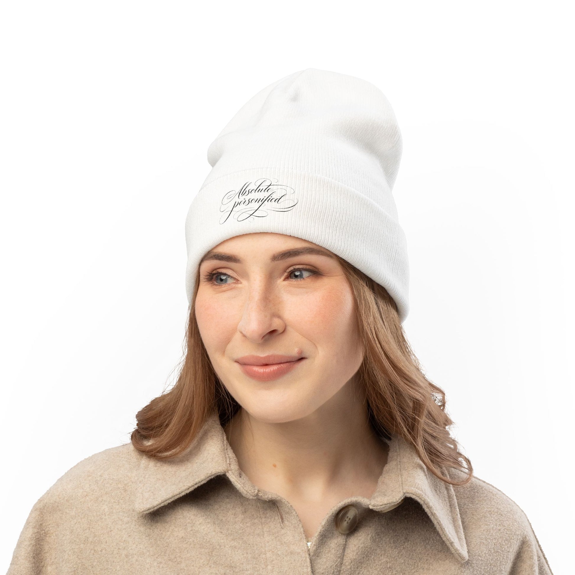 Embroidered black beanie hat with "Absolute Personified" scripted text, stylish knit hat from Printify.