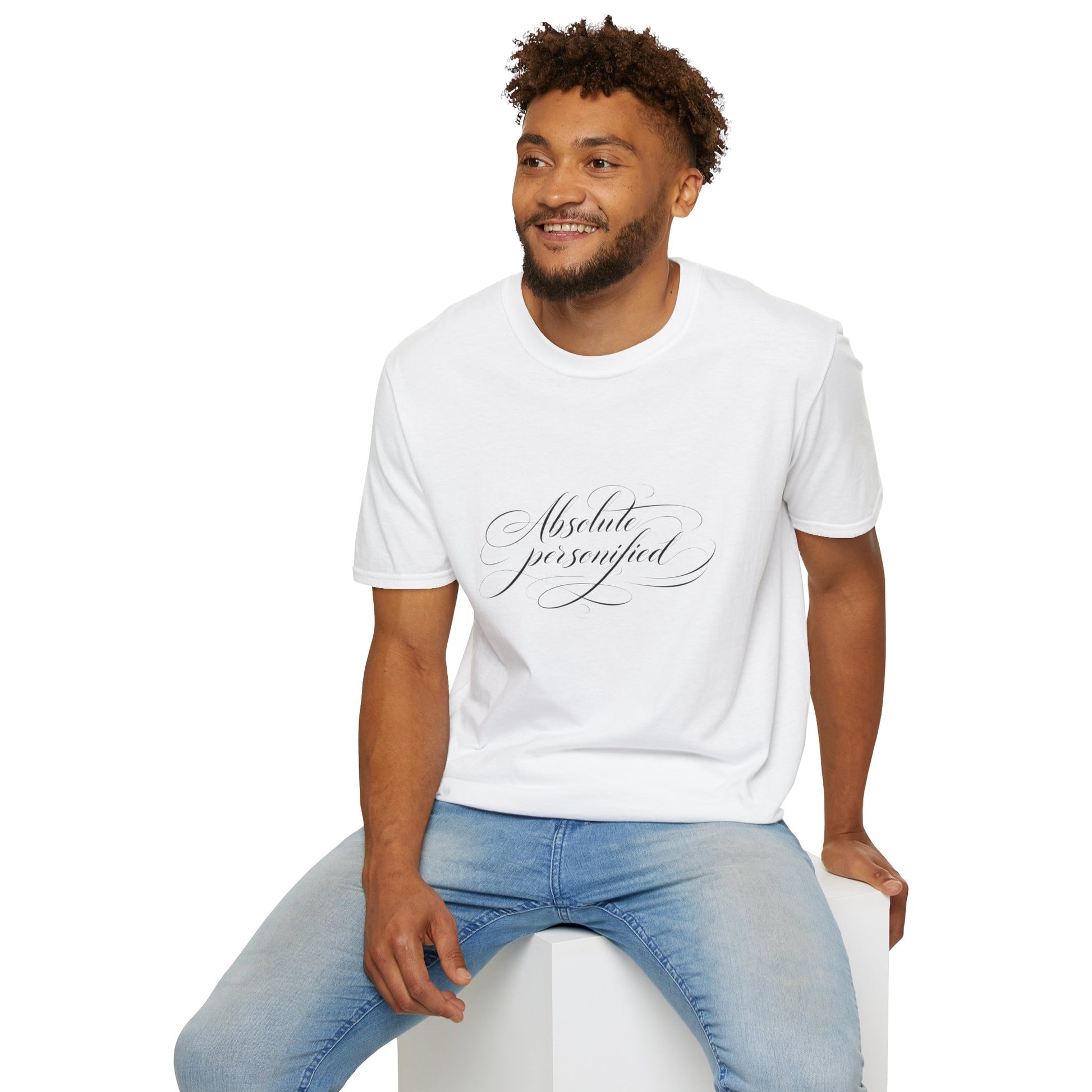 Black printed T-shirt from Printify featuring the scripted 'Absolute Personified' design on the front.