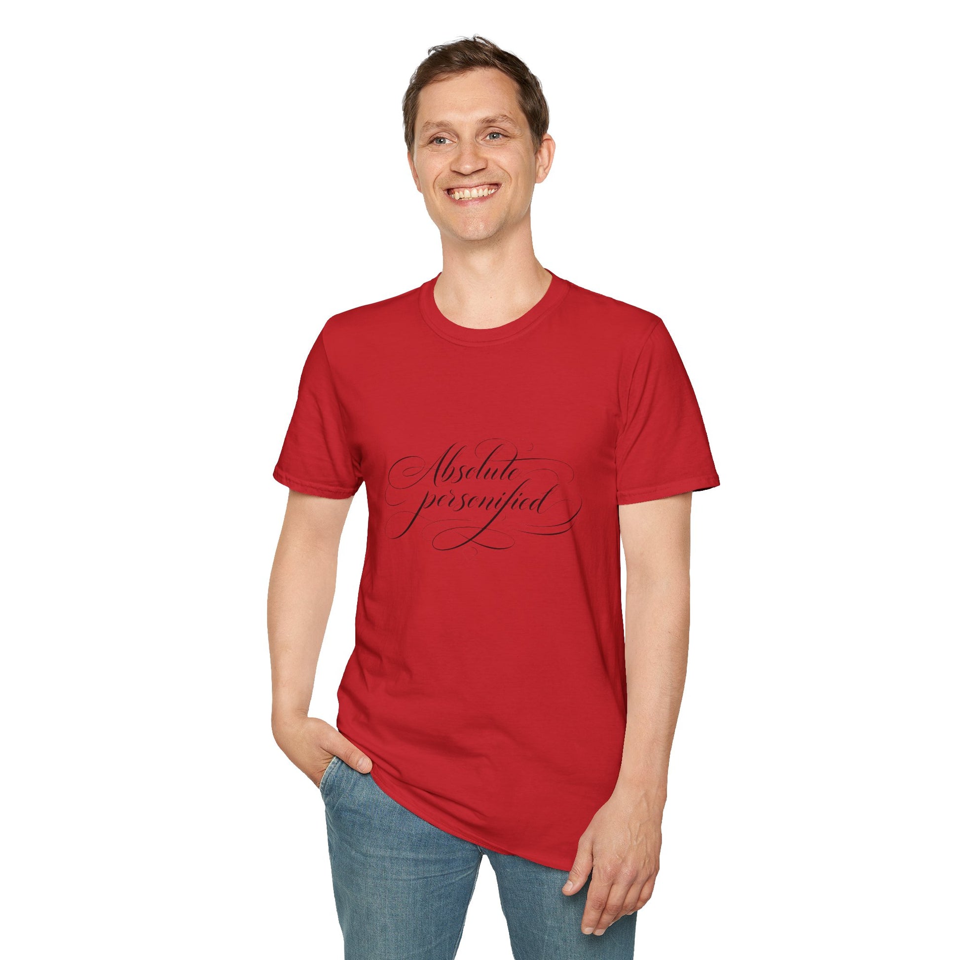 White scripted 'Absolute Personified' T-shirt by Printify with bold black lettering on front, casual fit, and soft cotton fabric.