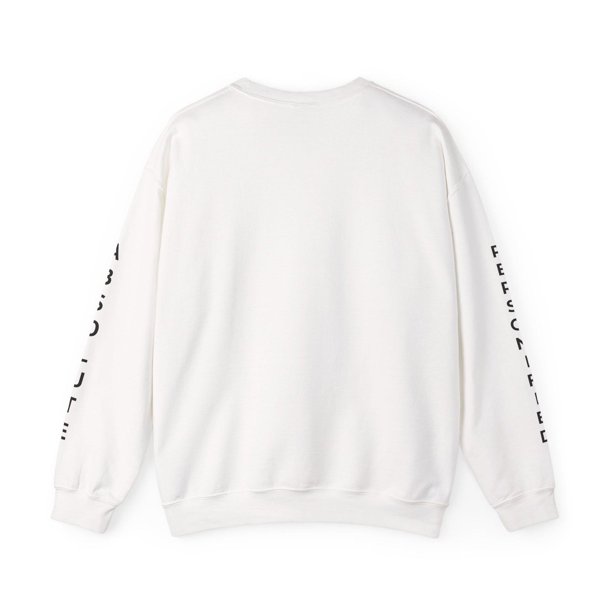 Printify Absolute Personified Vertical Text sweatshirt, front view showing bold black typography on white fabric.