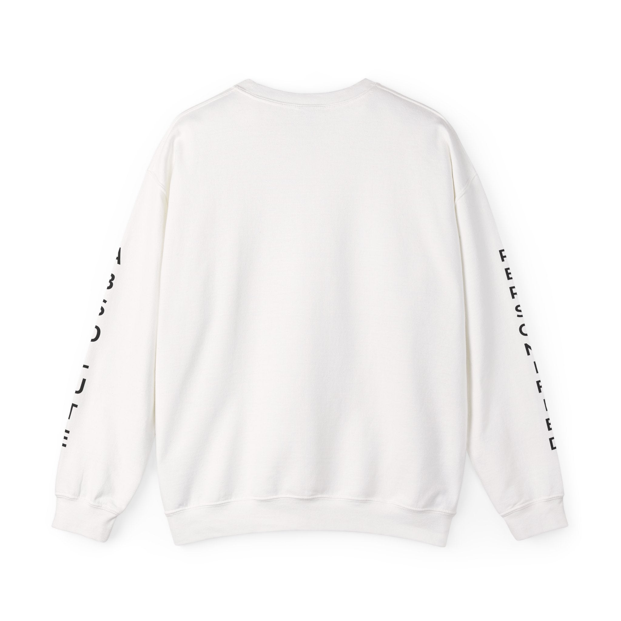 Printify Absolute Personified Vertical Text sweatshirt, front view showing bold black typography on white fabric.