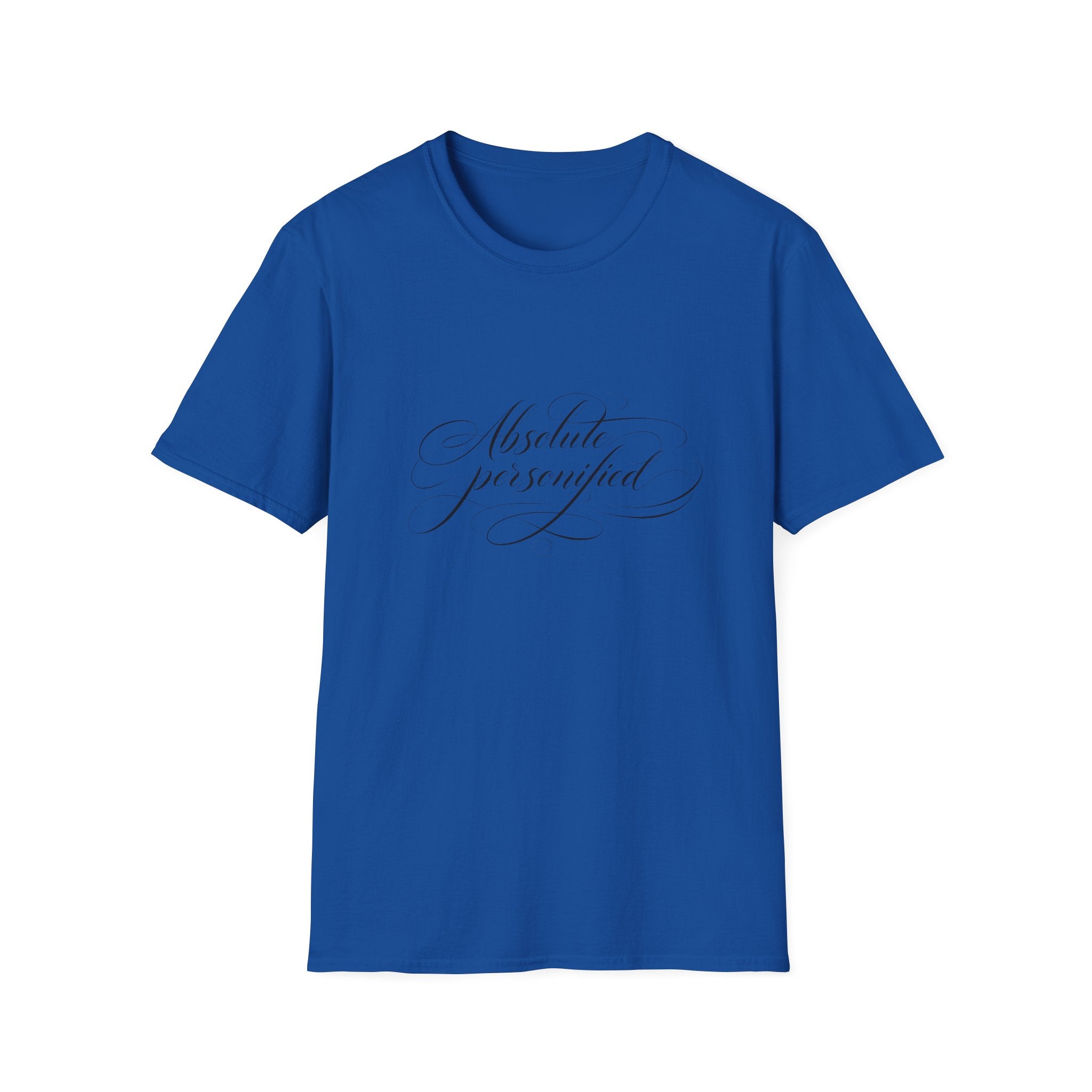 Black Scripted "Absolute Personified" T-Shirt by Printify featuring bold white text on the front.