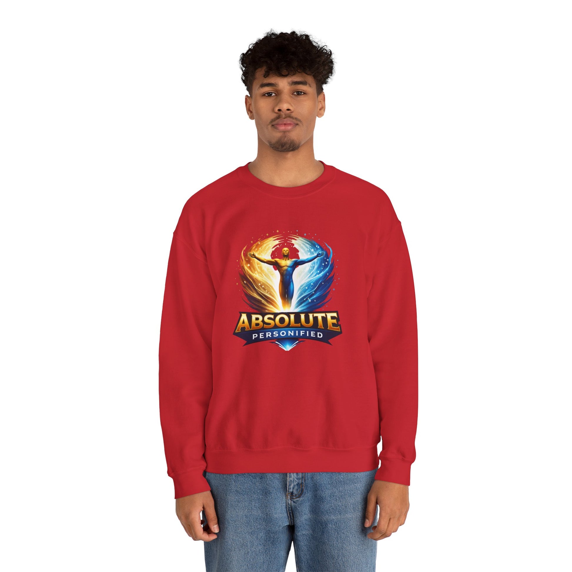 Printify Absolute Personified crewneck sweatshirt in black, featuring a minimalist graphic design on the front.