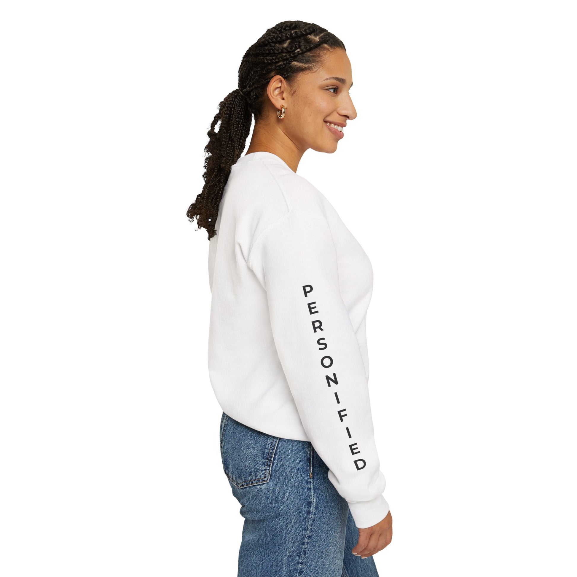 Printify Absolute Personified Vertical Text sweatshirt, black casual hoodie with white vertical lettering on front.