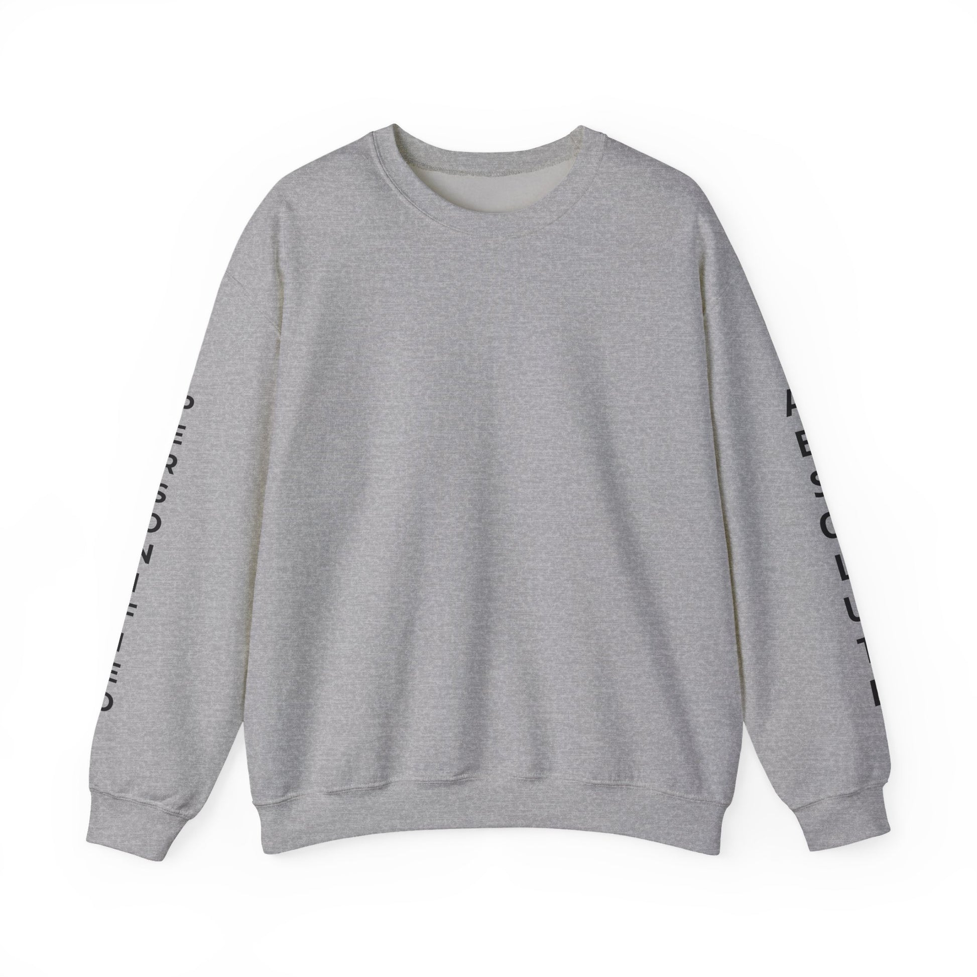 Printify Absolute Personified vertical text sweatshirt, black unisex sweatshirt with bold white lettering, front view.