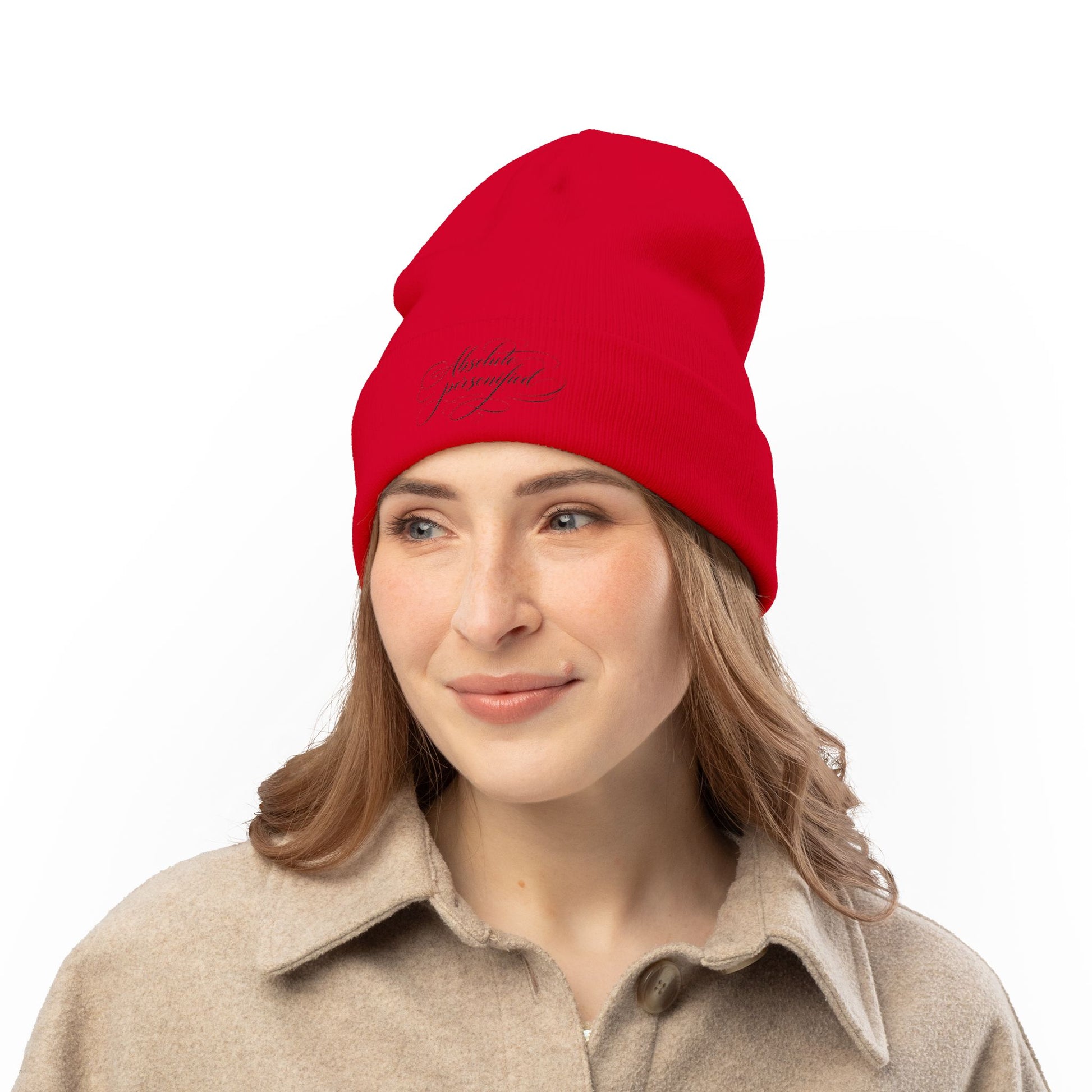 Embroidered "Absolute Personified" beanie hat by Printify featuring scripted text in black on a cozy knit cap.