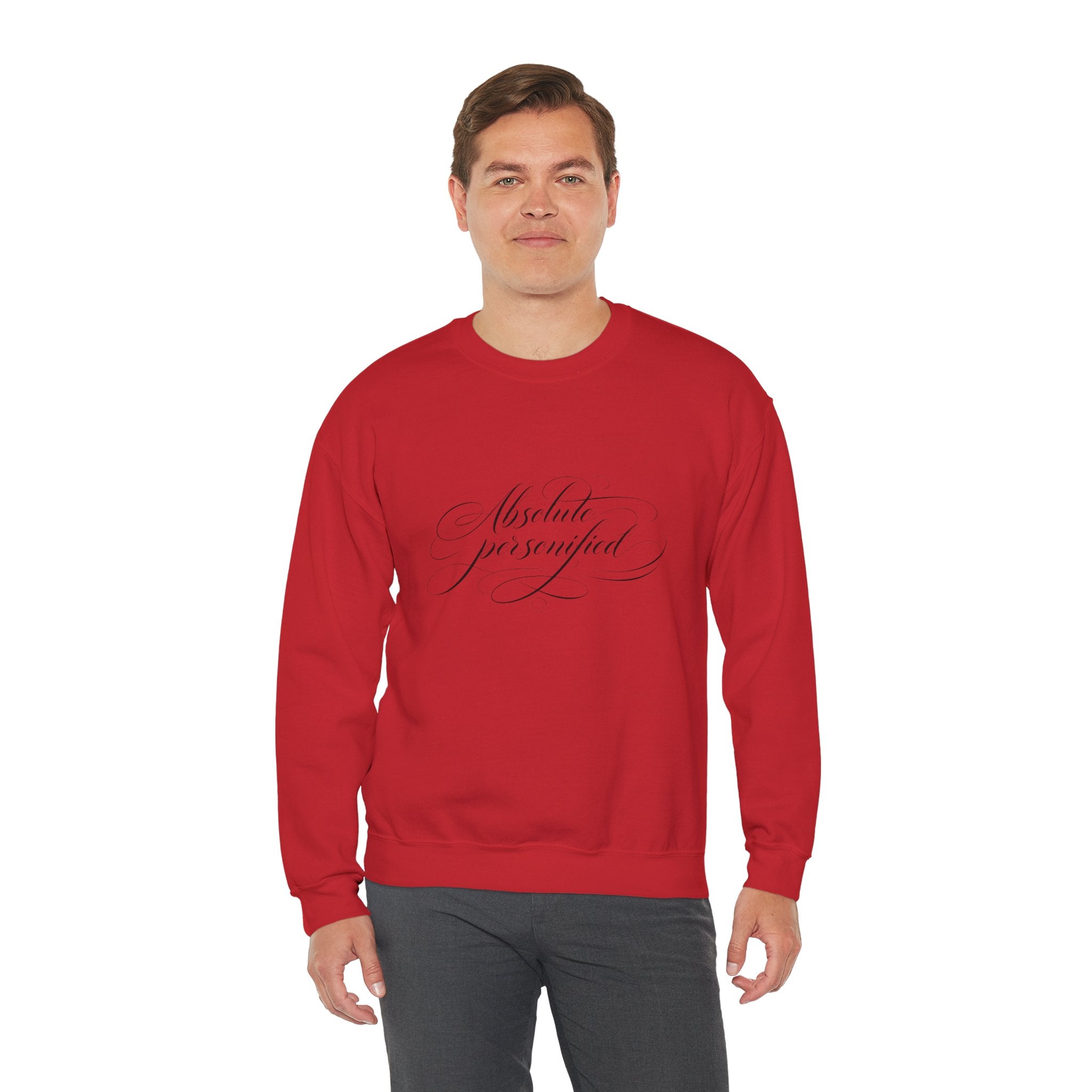 Black crewneck sweatshirt by Printify featuring "Absolute Perfection" script logo design on the front.