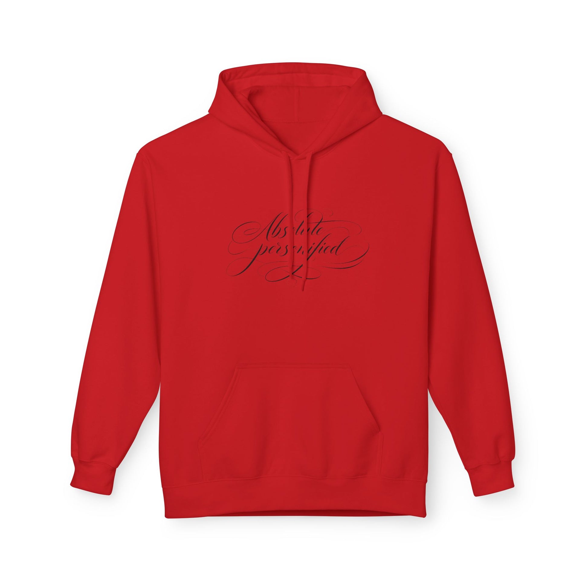 Gray scripted 'Absolute Personified' hoodie by Printify with front graphic design and comfortable fit.