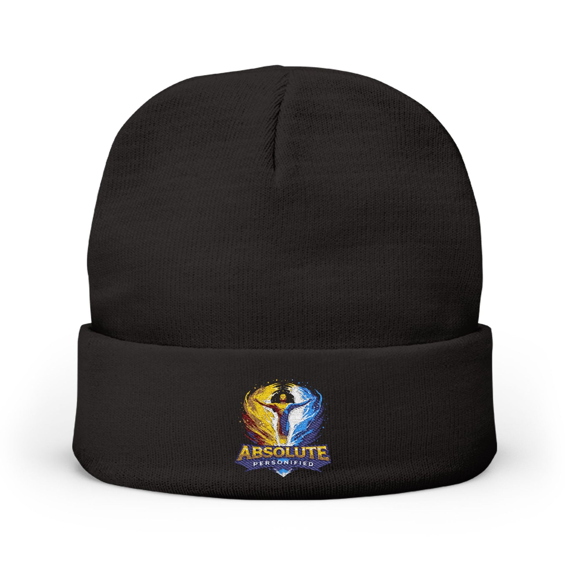 Embroidered 'Absolute Personified' beanie hat with colorful stitching, made by Printify, displayed on a neutral background.