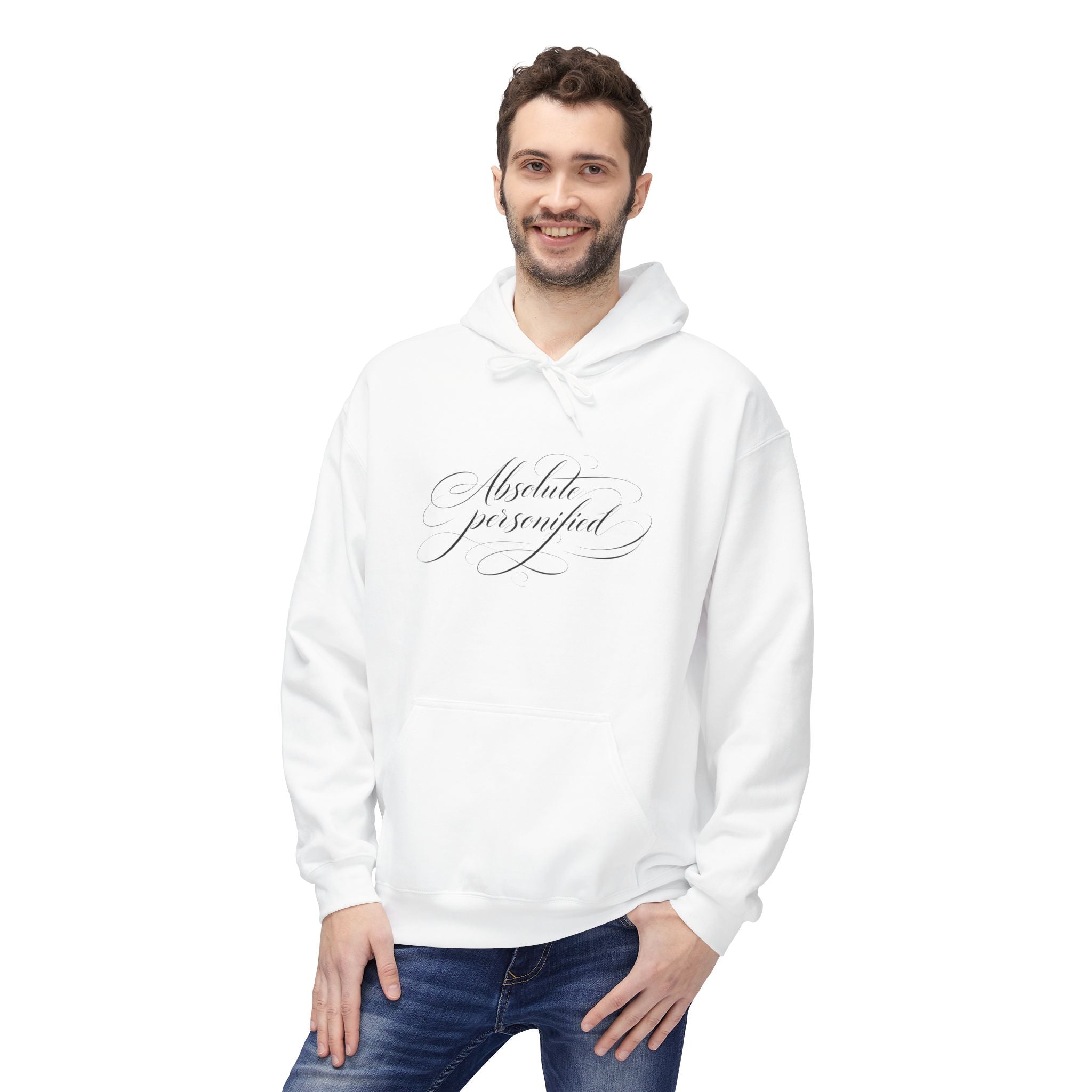 Black scripted 'Absolute Personified' hoodie by Printify featuring bold white lettering on the front.