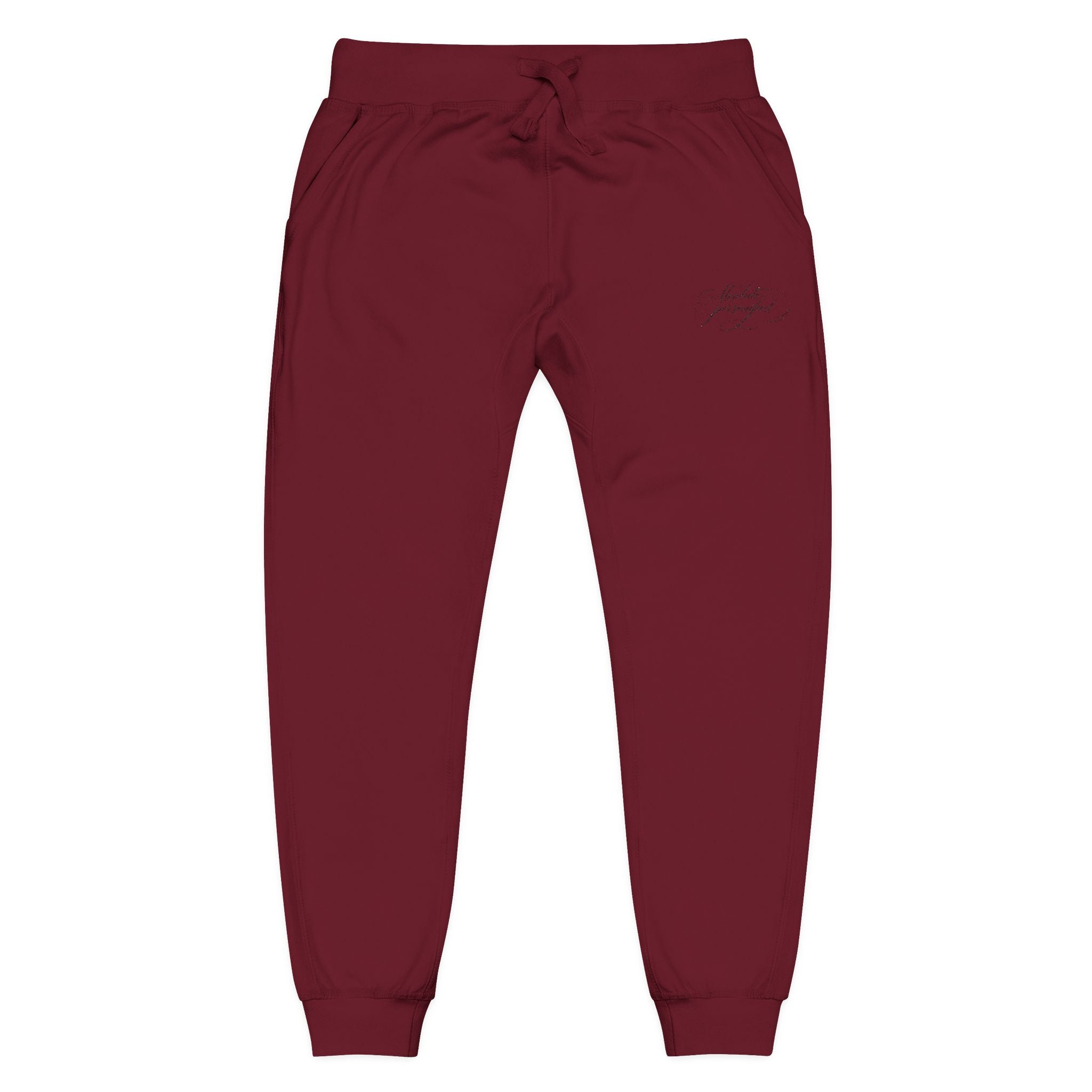 Embroidered scripted "Absolute Personified" print on casual Printify trousers with a comfortable fit and stylish design.