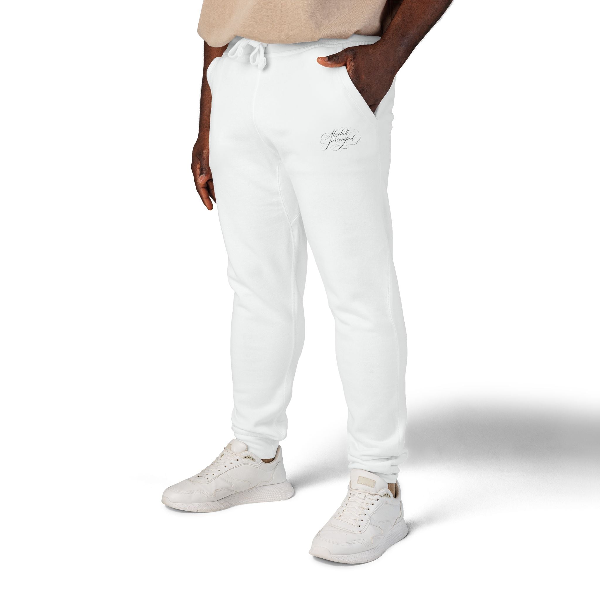 Embroidered scripted "Absolute Personified" Printify sweatpants with casual fit and soft fabric, shown in a natural pose.