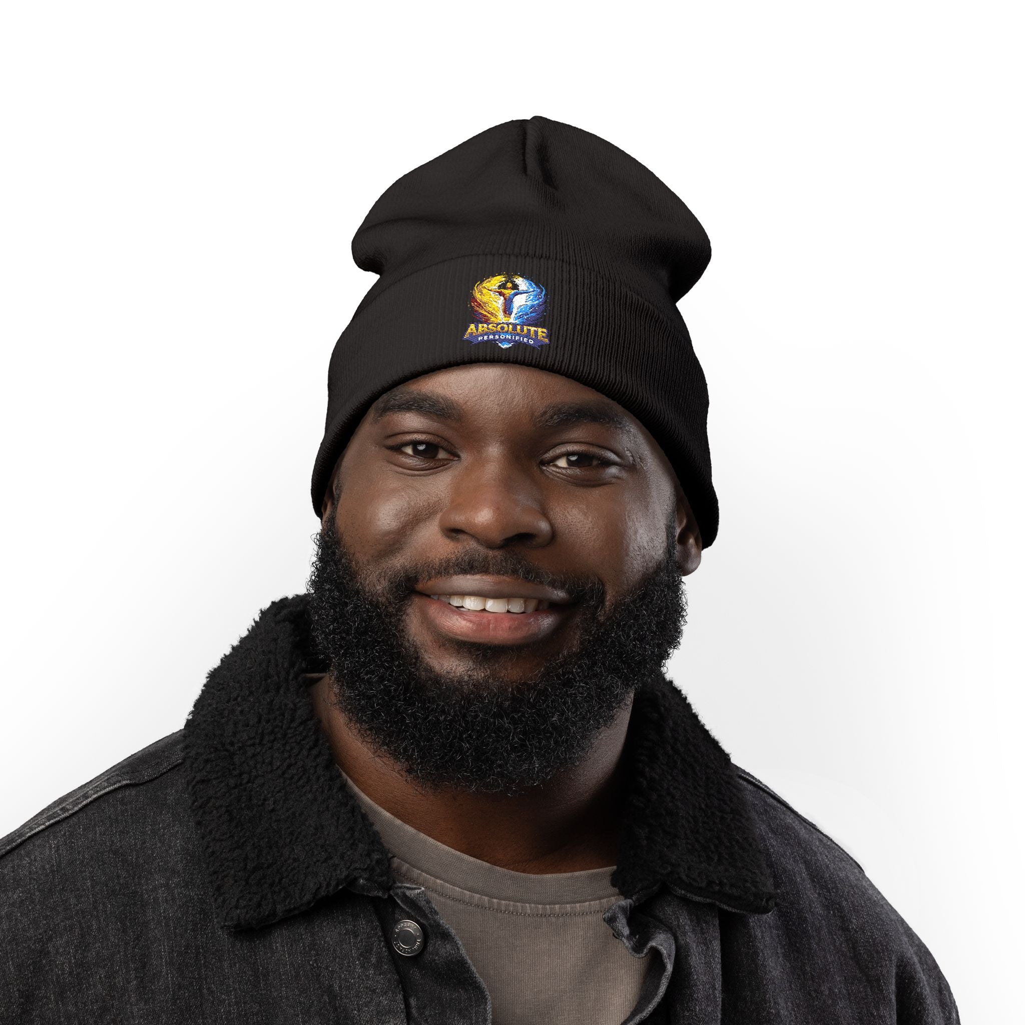 Embroidered 'Absolute Personified' beanie hat by Printify featuring detailed embroidery on a cozy knit cap.