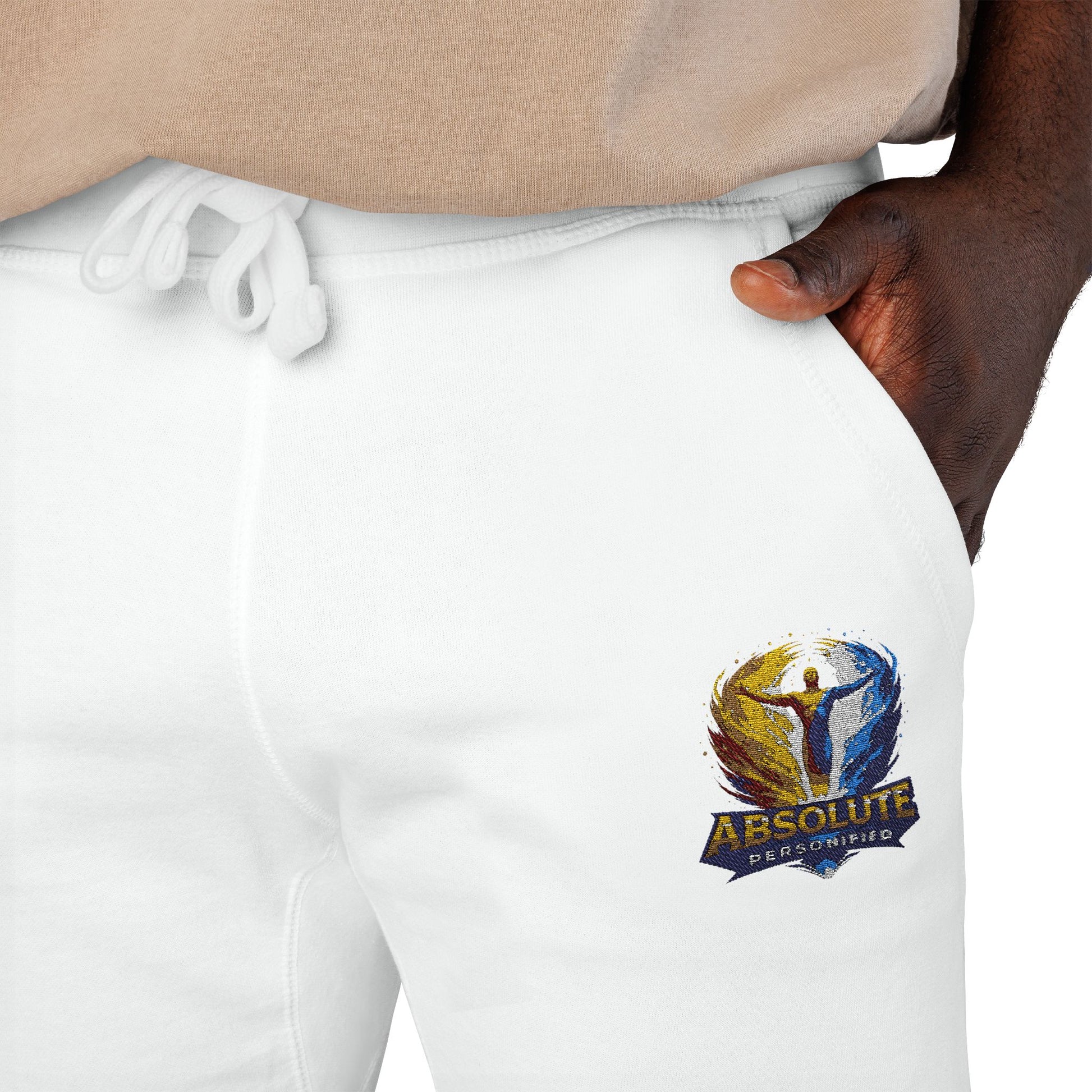 Embroidered Printify 'Absolute Personified' sweatpants with detailed needlework and relaxed fit, displayed on a neutral background.