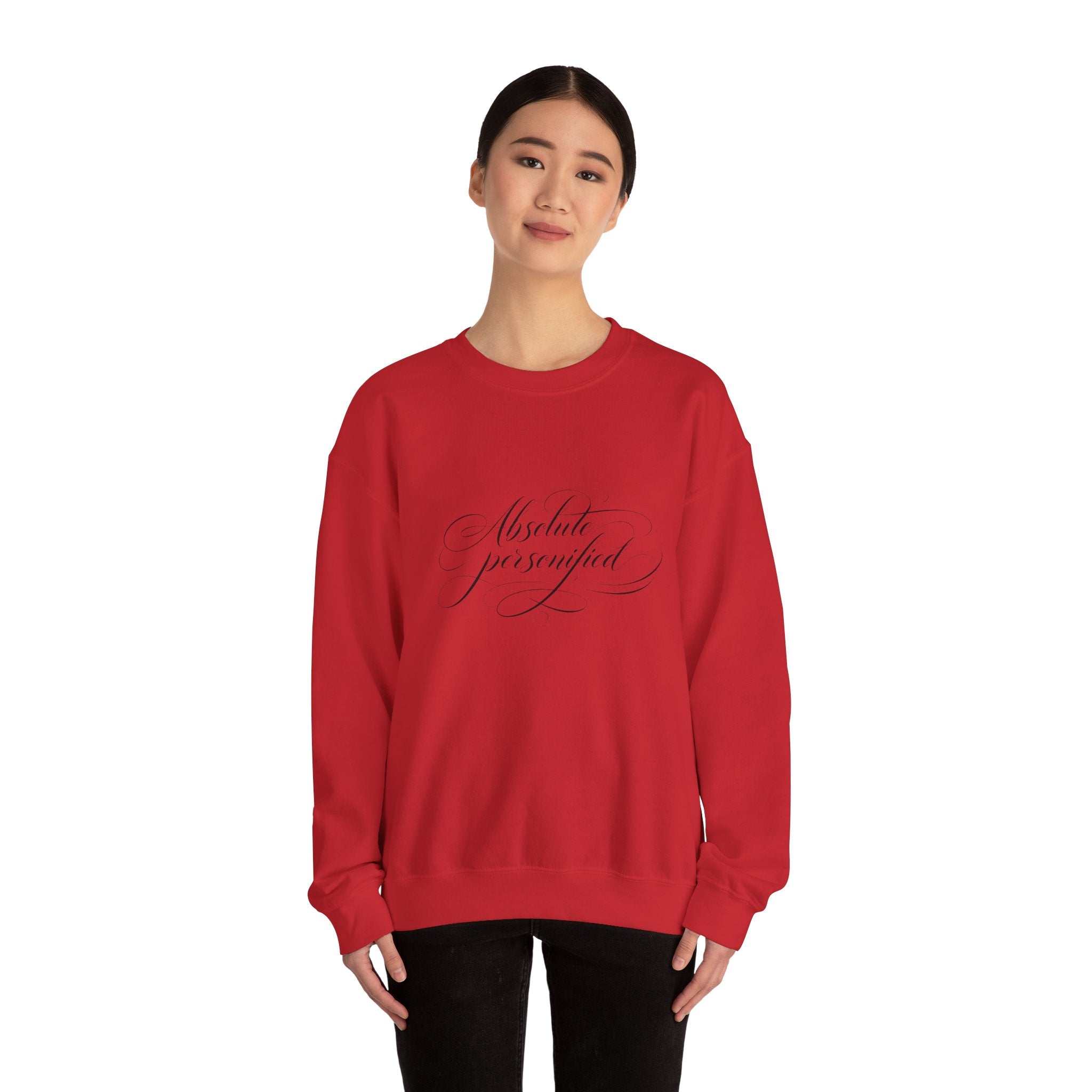 Black crewneck sweatshirt featuring "Absolute Perfection" script logo printed on the front by Printify.