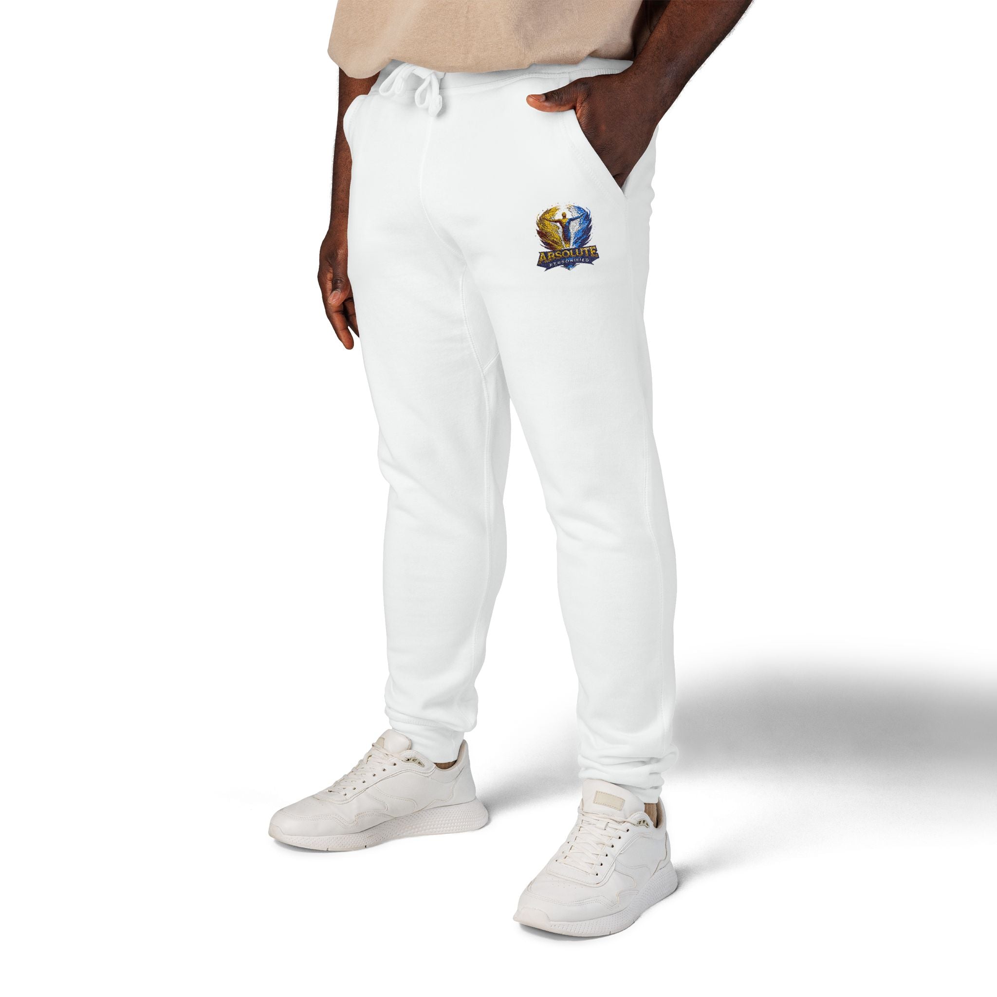 Embroidered Printify 'Absolute Personified' sweatpants, casual trousers with detailed embroidery on soft fabric, front view.