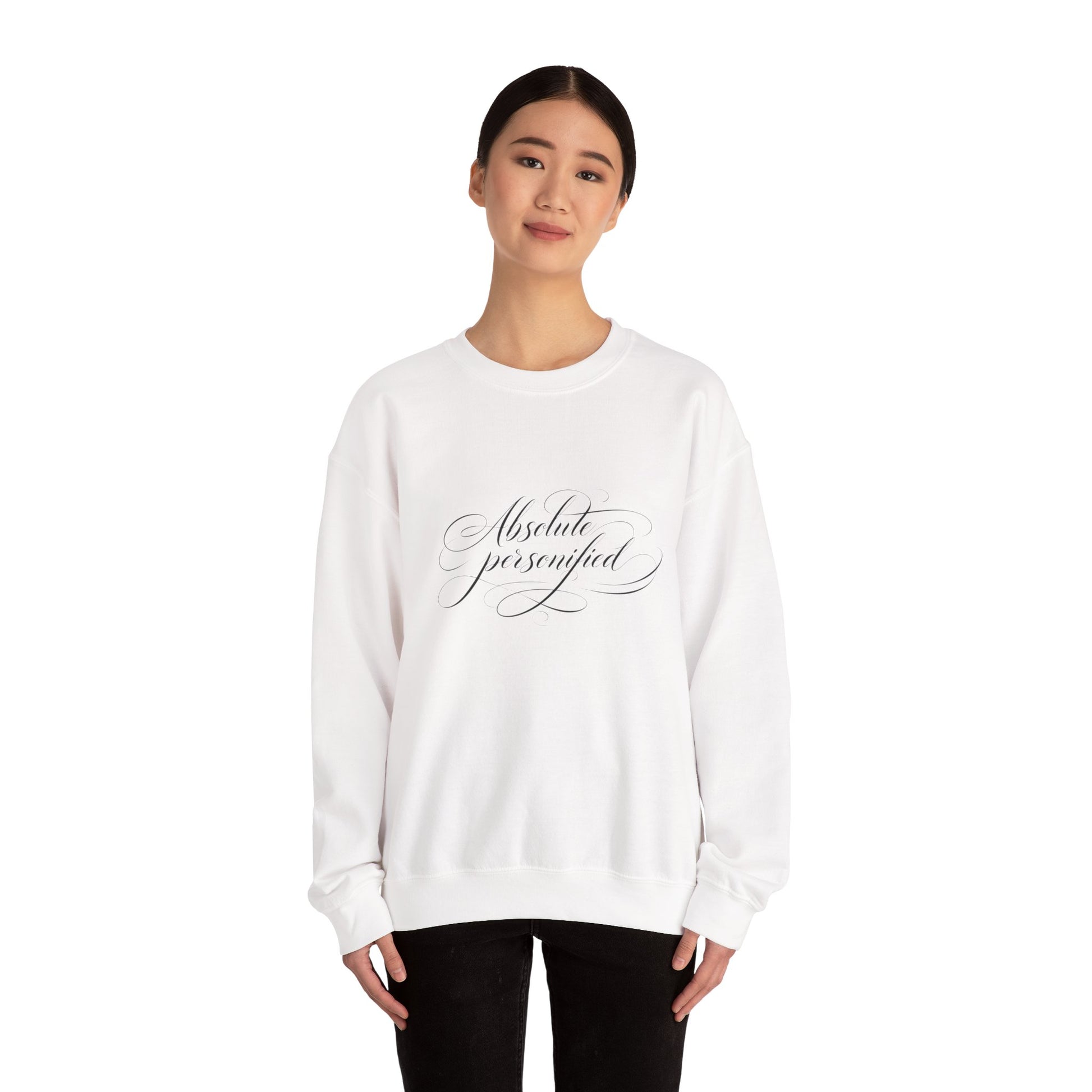 Gray crewneck sweatshirt with "Absolute Perfection" script logo print from Printify, displayed on a flat surface.