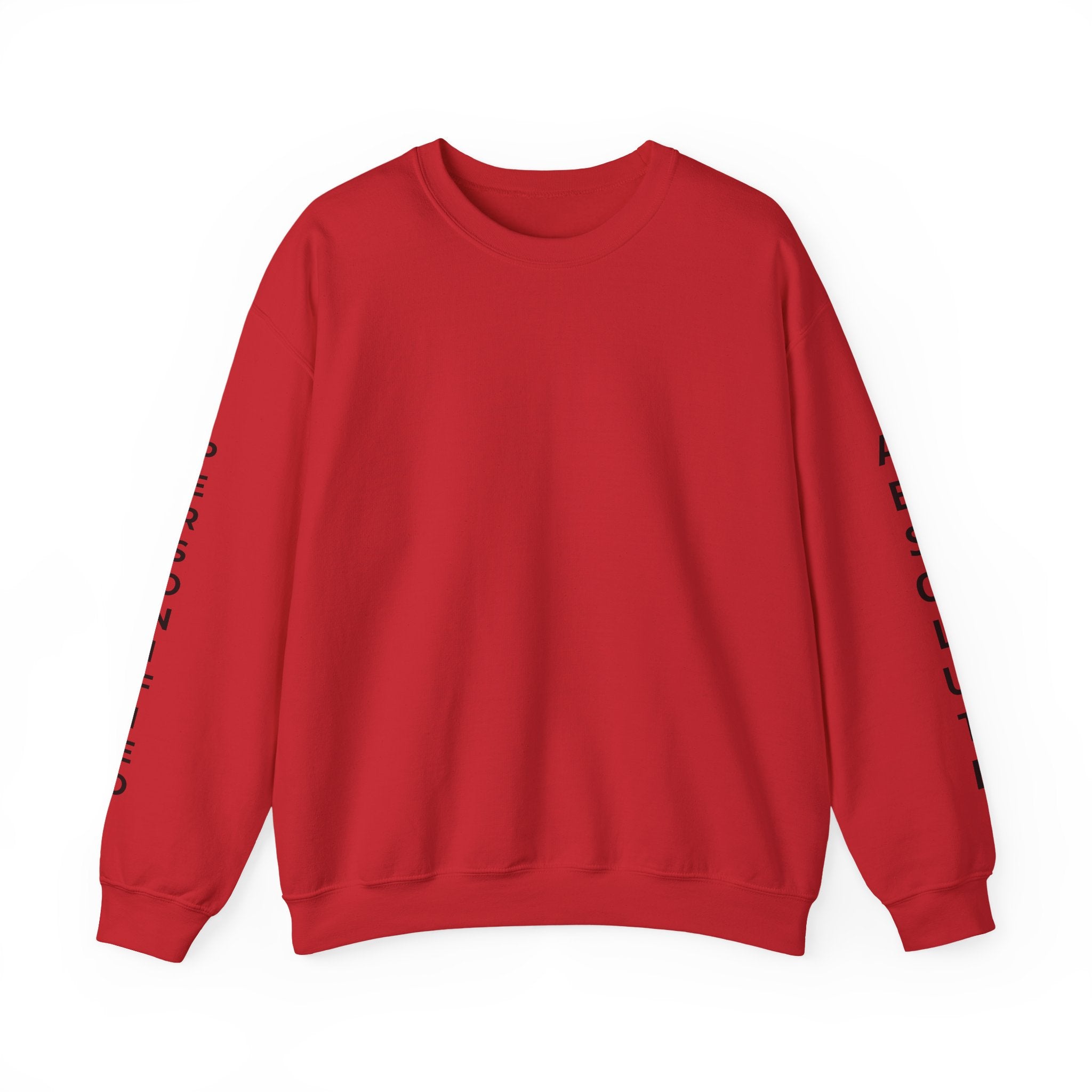 Printify Absolute Personified Vertical Text Sweatshirt shown on a model, featuring bold vertical print design on a comfortable casual sweatshirt.