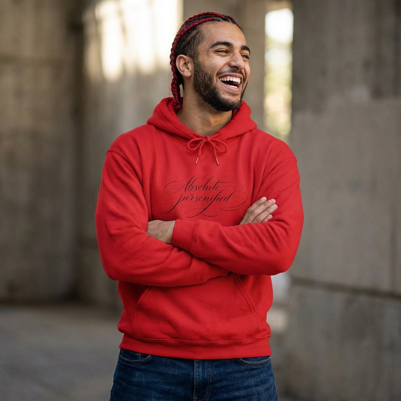 Black scripted 'Absolute Personified' hoodie by Printify with bold white text on front, casual fit, and soft fabric.