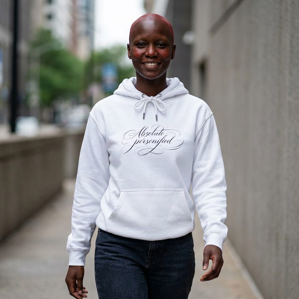 Gray scripted 'Absolute Personified' hoodie by Printify featuring bold black text on front and a comfortable fit.