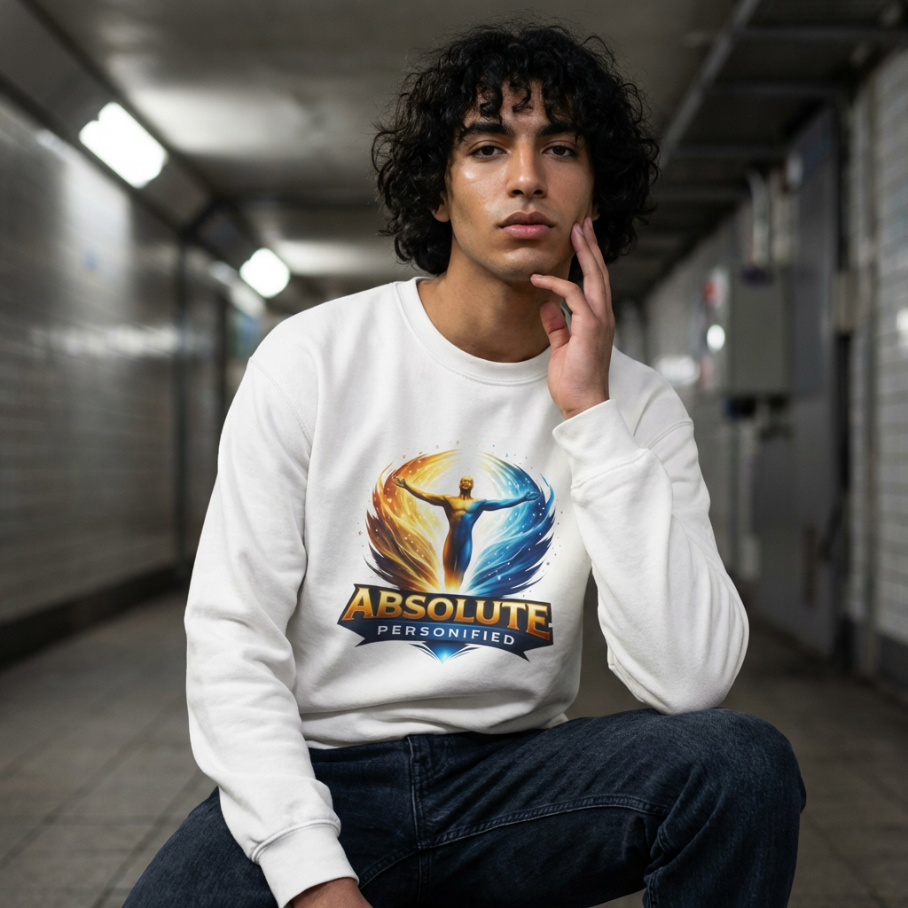 Printify Absolute Personified crewneck sweatshirt in black with graphic print, showcasing a comfortable casual clothing style.