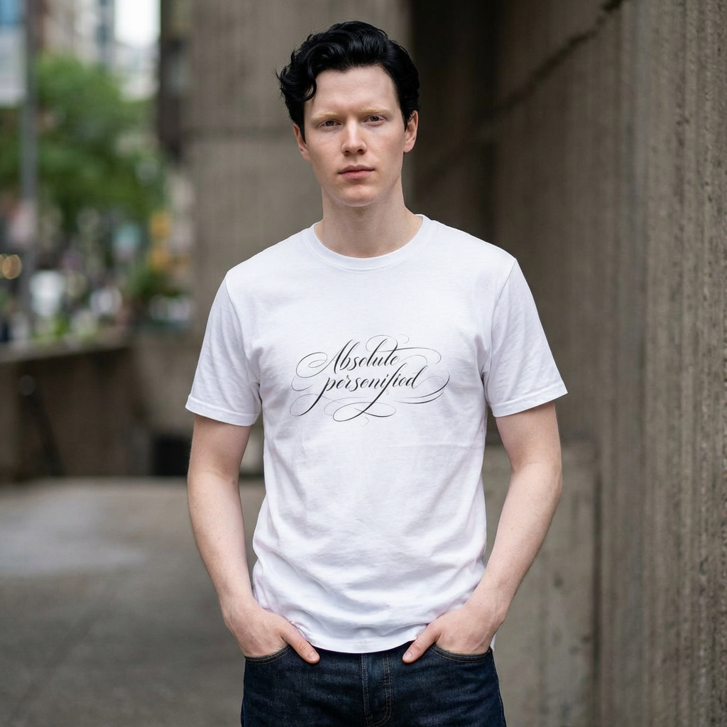Black Scripted 'Absolute Personified' T-Shirt by Printify featuring bold white text on front, casual fit and soft fabric.