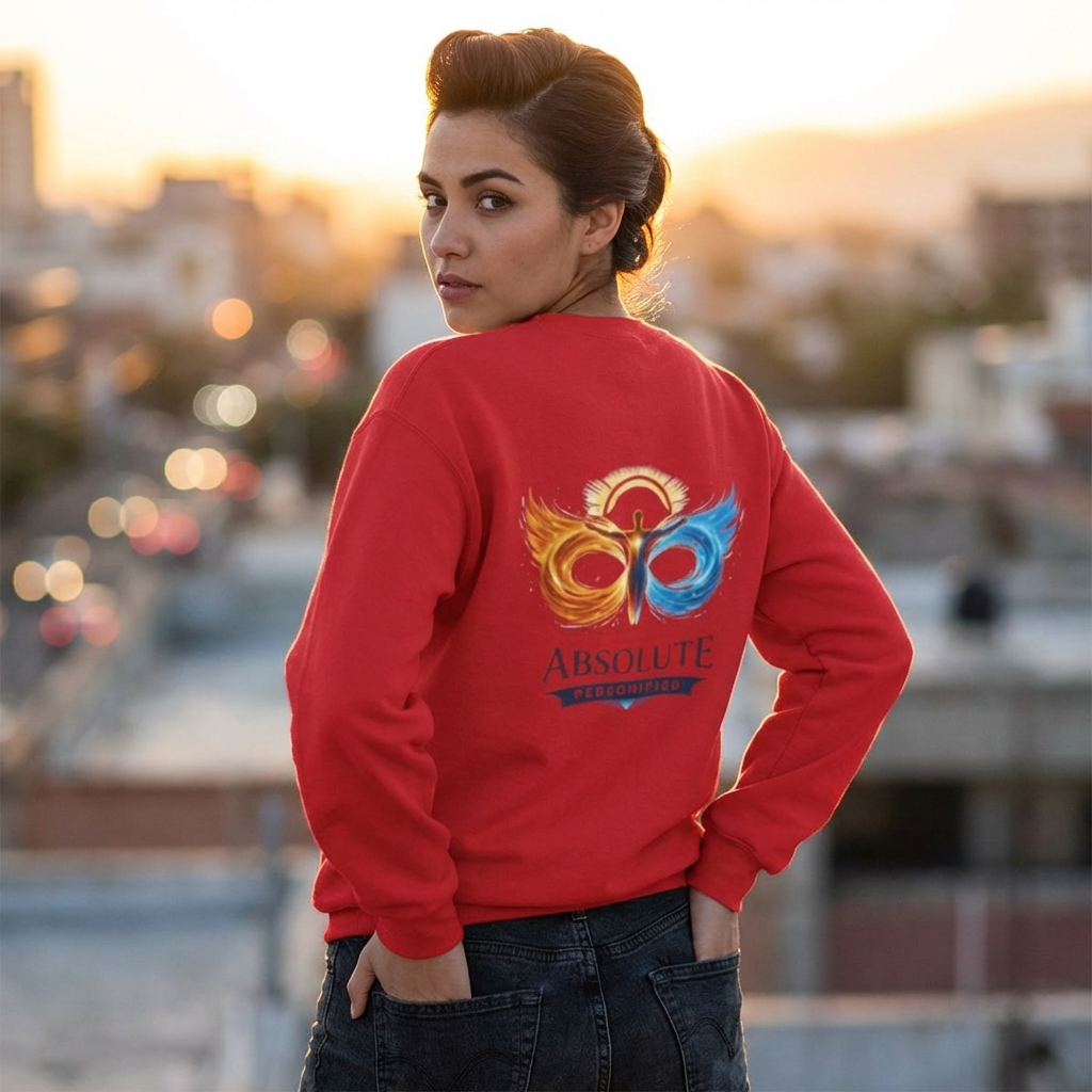 Printify crewneck sweatshirt showing a comfortable, casual fit with ribbed cuffs and neckline in soft fabric.