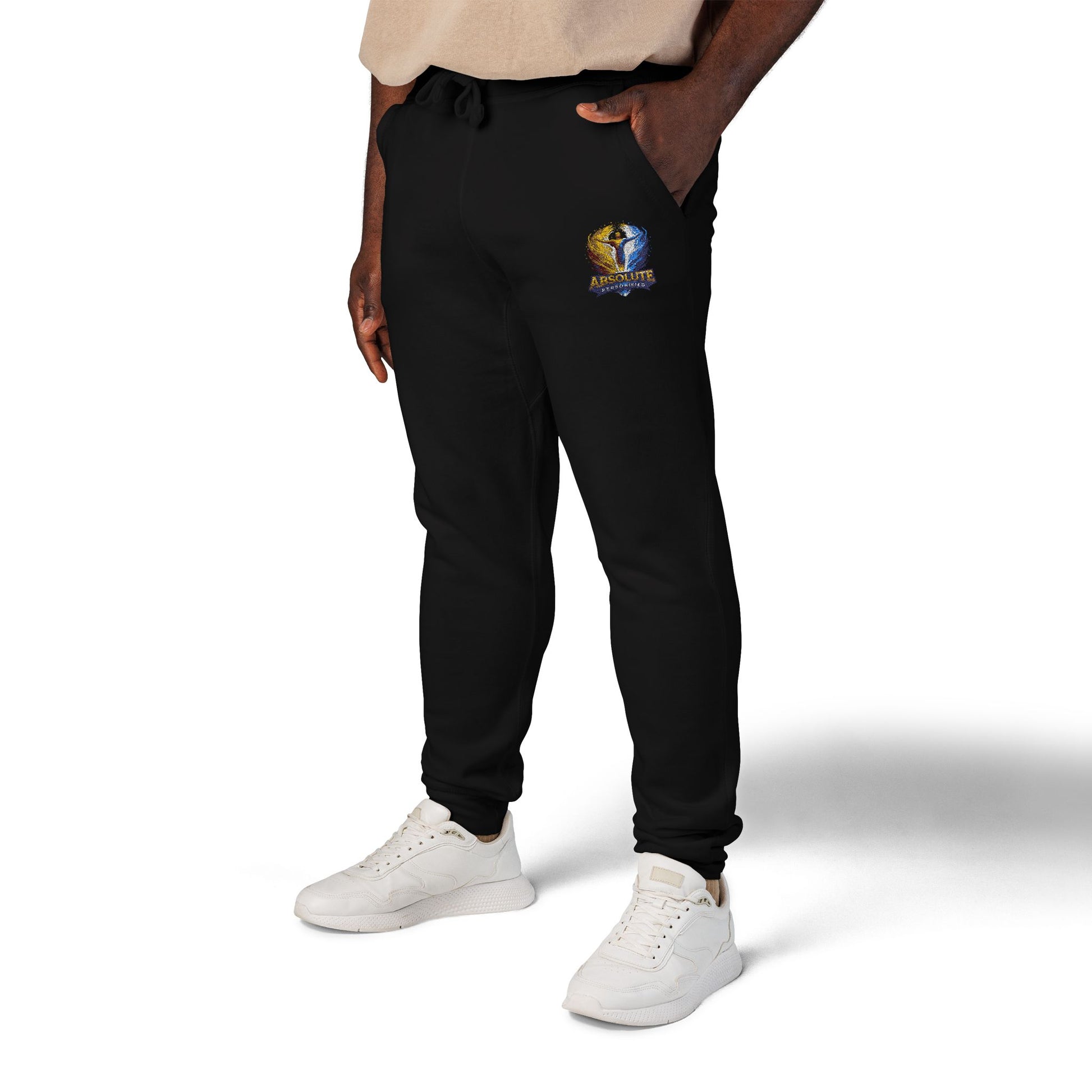 Embroidered 'Absolute Personified' Printify sweatpants with detailed stitching and casual fit, shown on a model.
