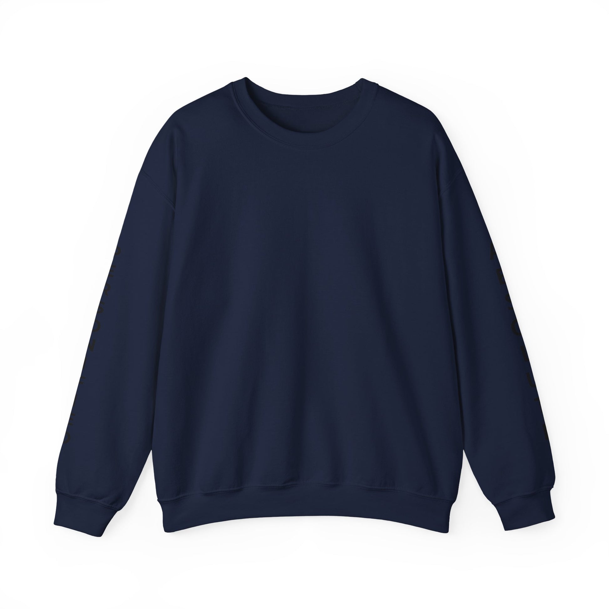 Printify Absolute Personified vertical text sweatshirt displayed on a person, featuring bold vertical lettering on a casual sweatshirt.