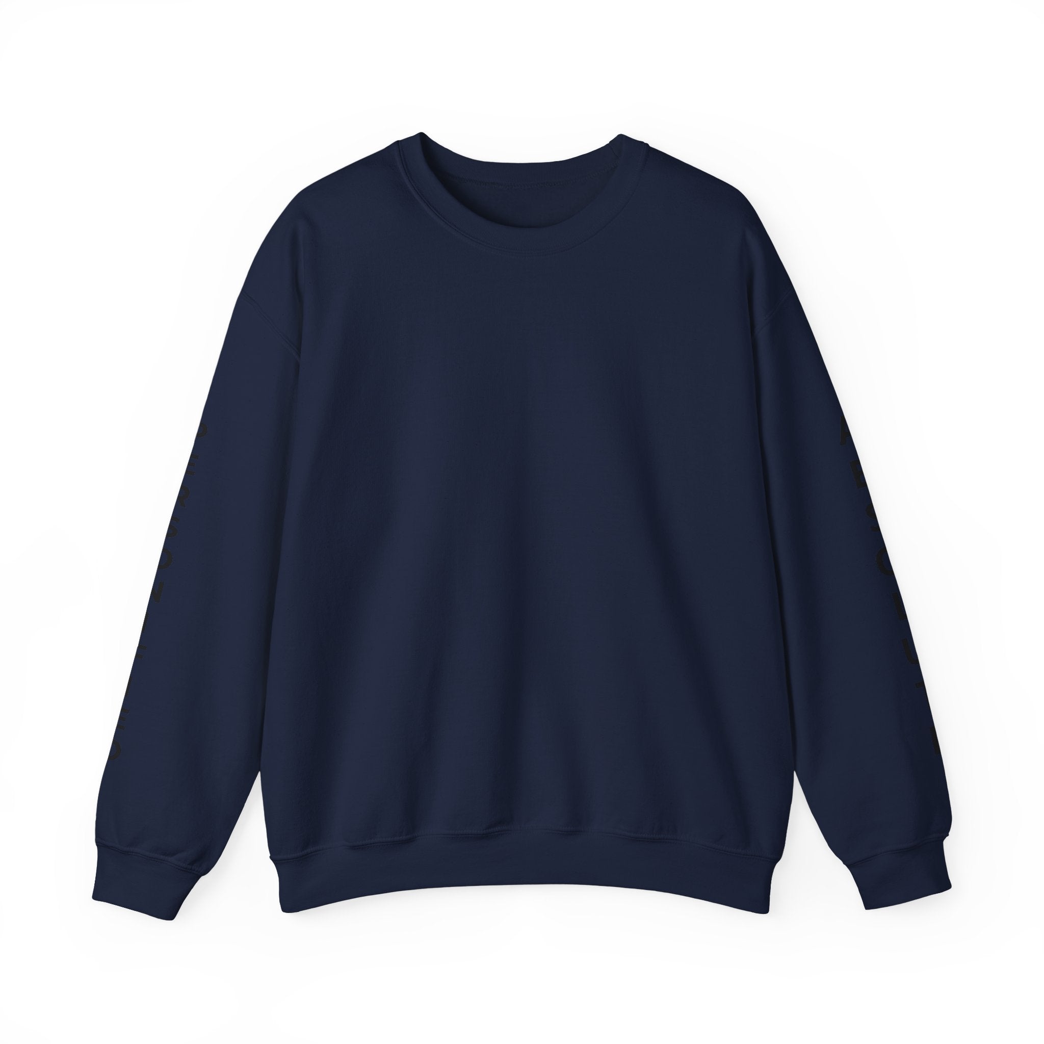 Printify Absolute Personified vertical text sweatshirt displayed on a person, featuring bold vertical lettering on a casual sweatshirt.