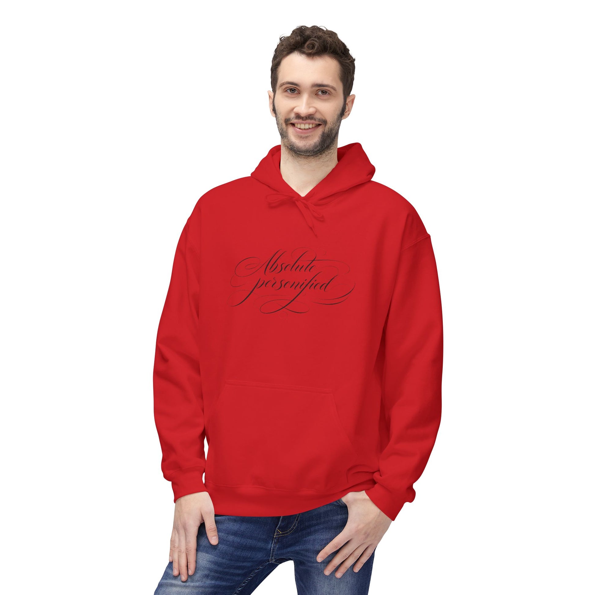 Black scripted "Absolute Personified" hoodie by Printify featuring bold white text on the front, casual fit, and soft fabric.