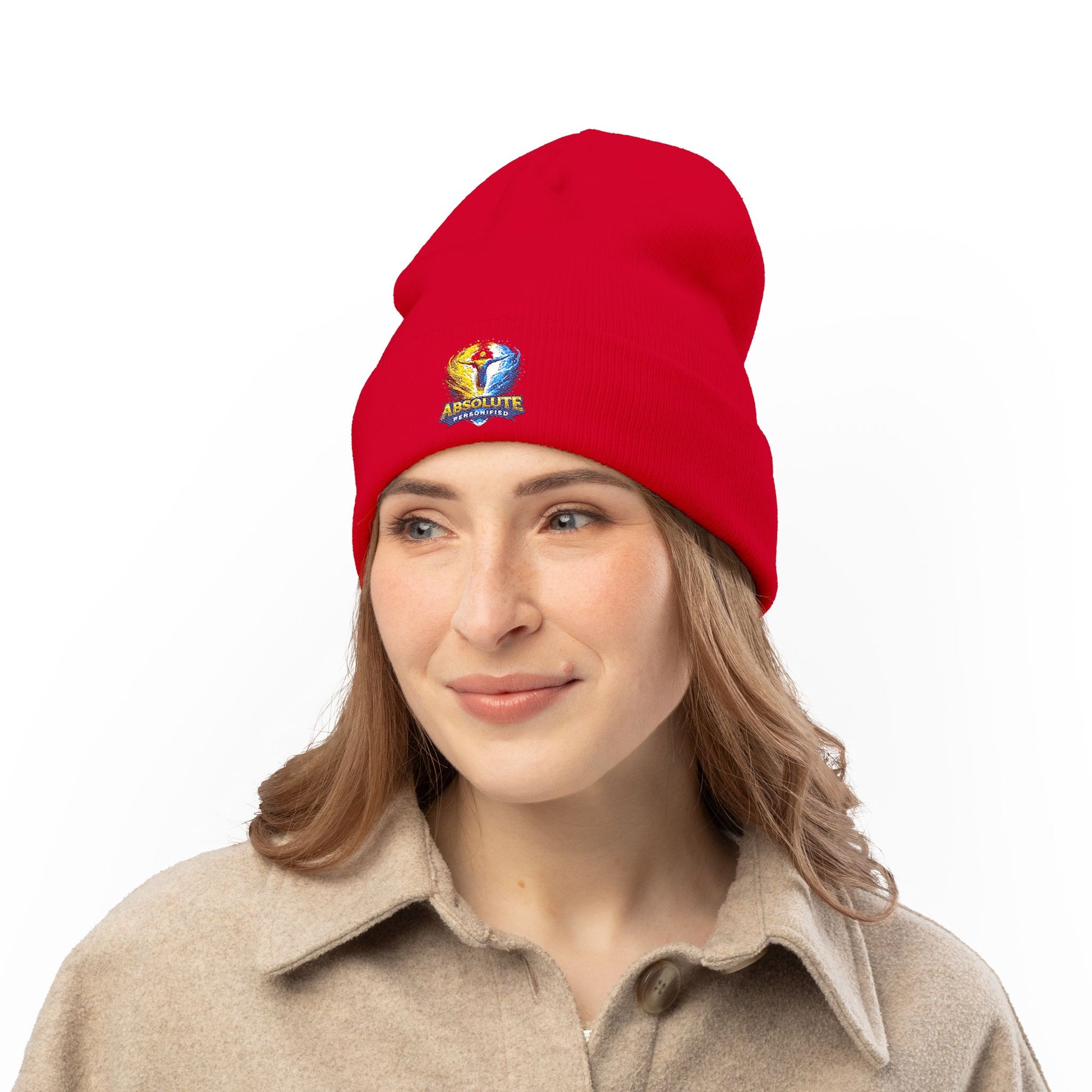 Embroidered 'Absolute Personified' beanie hat by Printify featuring colorful stitched design on soft knitted fabric.
