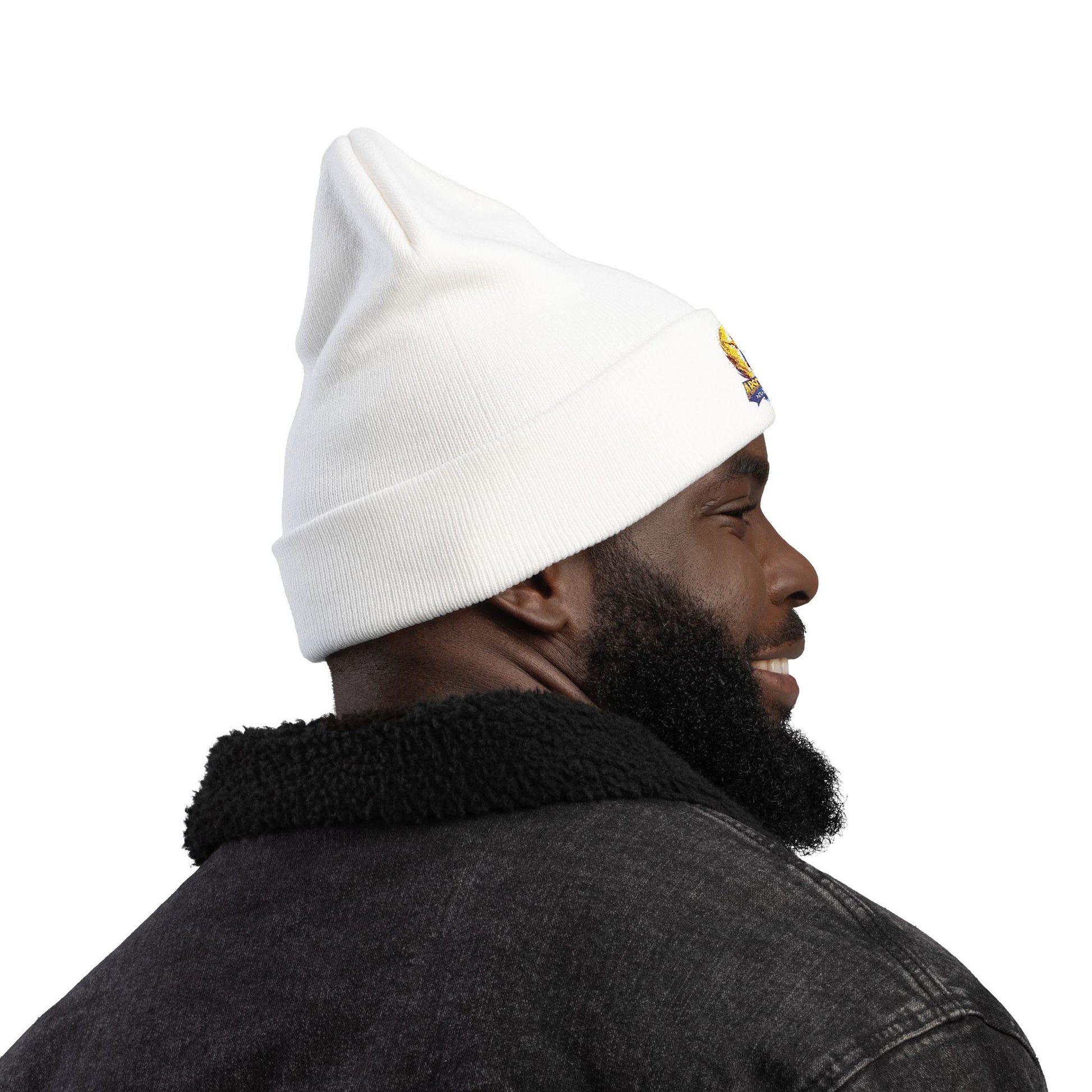 Embroidered 'Absolute Personified' beanie hat by Printify with colorful stitched design, made of soft knit fabric.