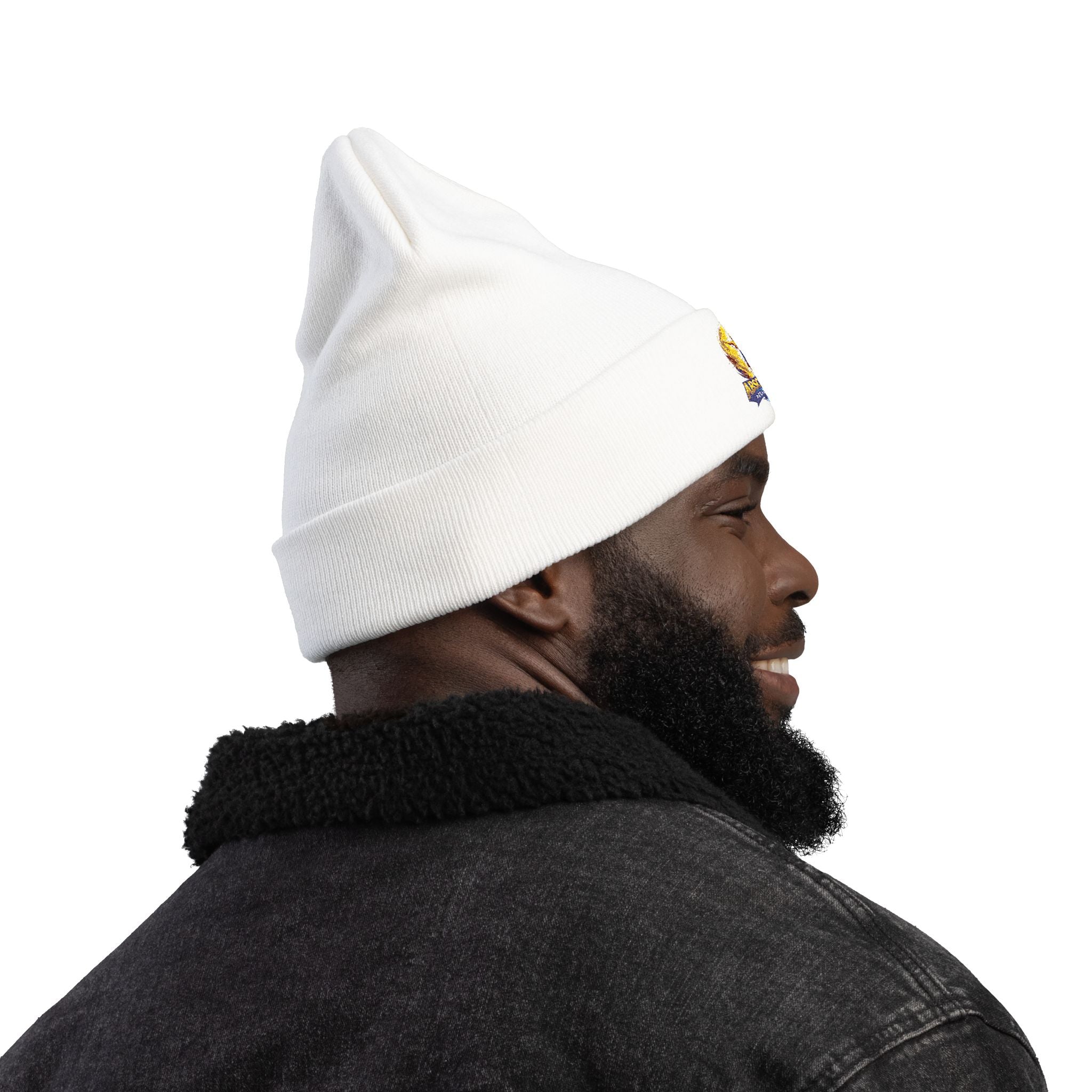 Embroidered 'Absolute Personified' beanie hat by Printify with colorful stitched design, made of soft knit fabric.