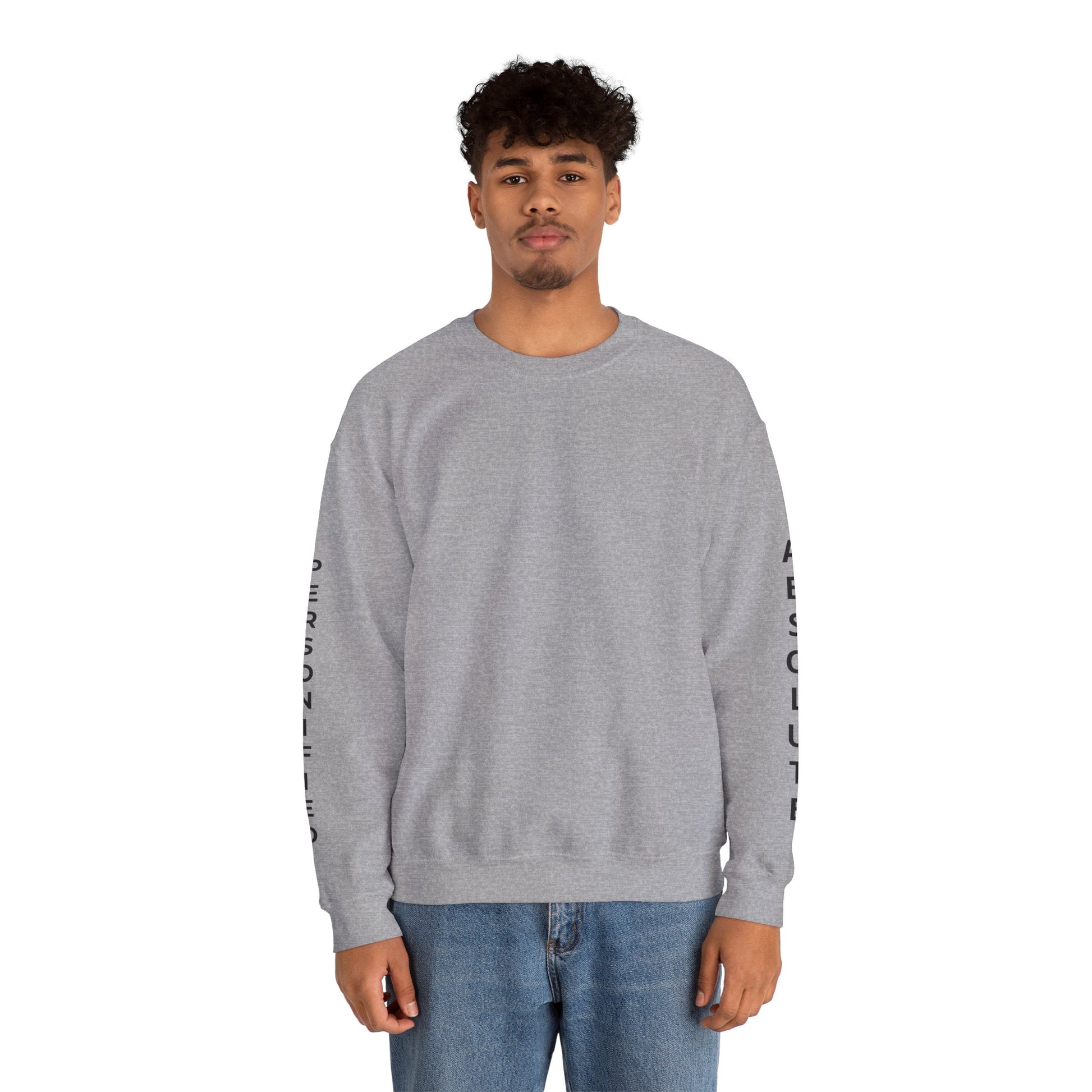 Printify Absolute Personified Vertical Text sweatshirt featuring bold black lettering on a comfortable black fabric sweatshirt.