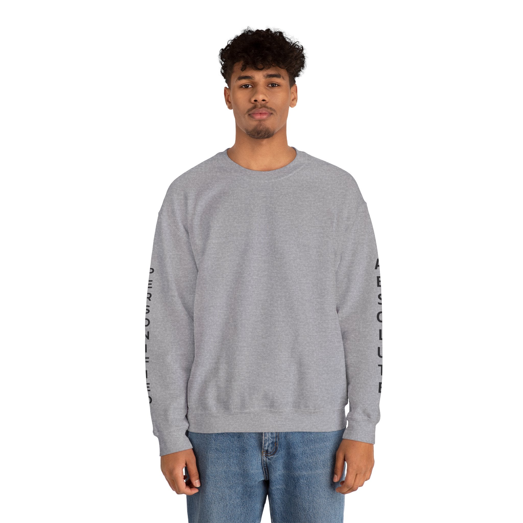 Printify Absolute Personified Vertical Text sweatshirt featuring bold black lettering on a comfortable black fabric sweatshirt.