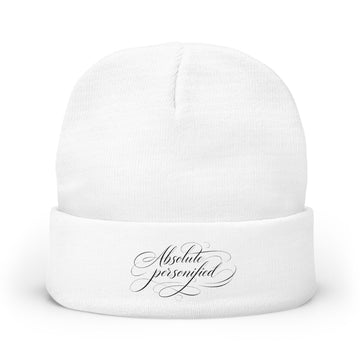Embroidered black beanie hat with white scripted "Absolute Personified" design by Printify, featuring a cozy knit texture.
