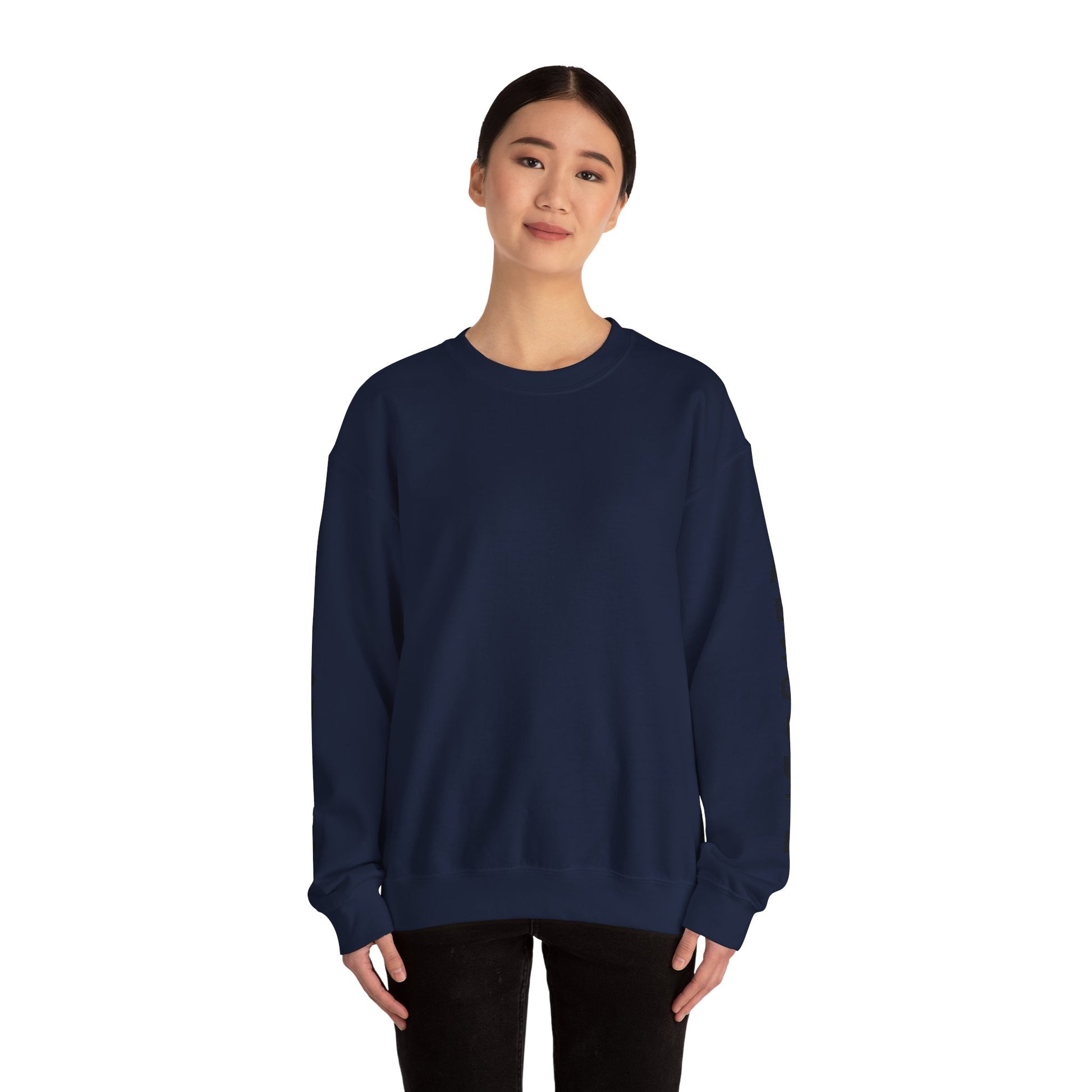 Printify Absolute Personified Vertical Text Sweatshirt shown in black with bold vertical lettering on front.