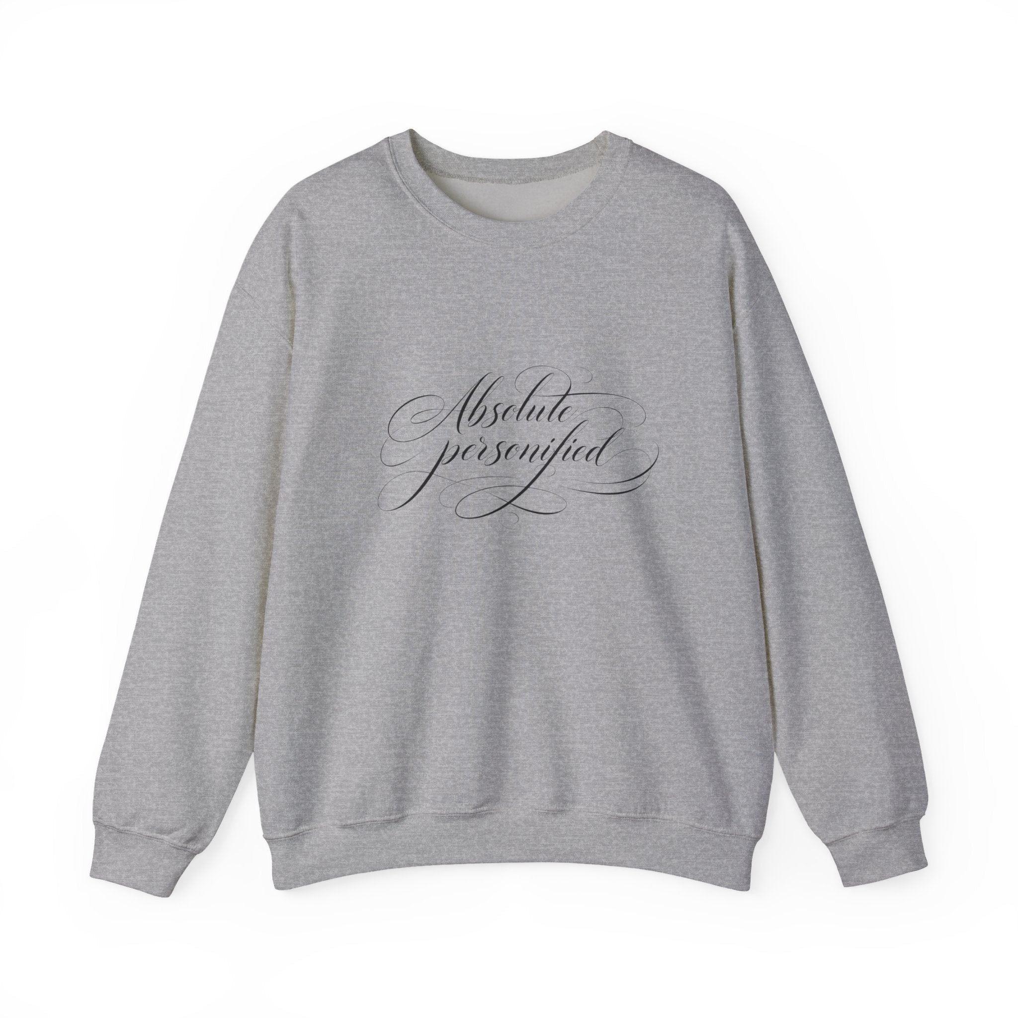 Black crewneck sweatshirt with "Absolute Perfection" script logo printed on the front, by Printify.